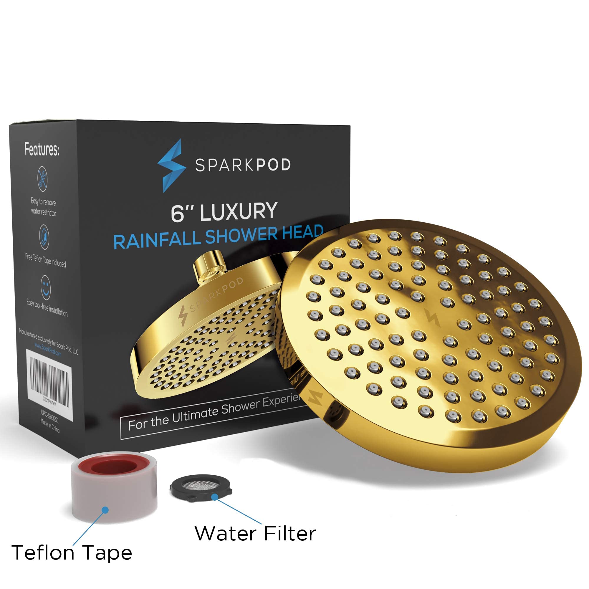 SparkPod Luxury Gold Rain Shower Head with Adjustable Shower Arm Extension - High Pressure Bathroom Fixture for Spa-Like Experience | Perfect for Master Bath & Modern Home Renovation