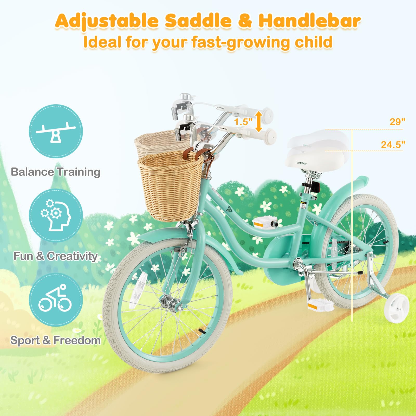 BABY JOY 14 16 18 Inch Kids Bike with Training Wheels - Adjustable Height Retro Bicycle for Boys & Girls Ages 3-8 Years Old - Includes Rattan Basket, Handbrake & Coaster Brake (Pink, Green, Blue) - Perfect for Neighborhood Rides, Park Adventures & Learning to Cycle