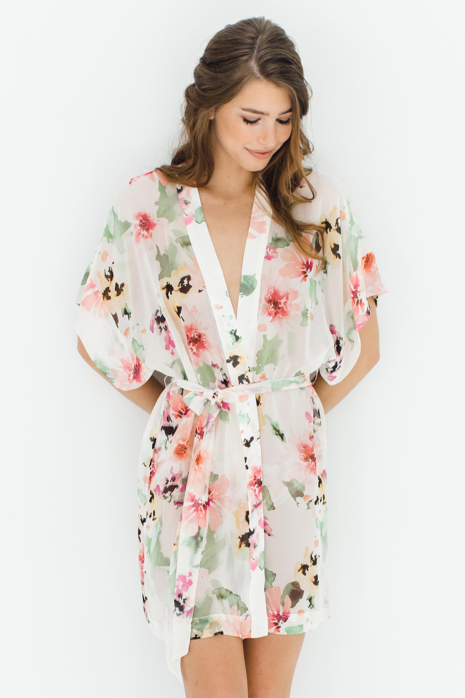 Watercolor Dreams Floral Print Silk Chiffon Kimono Robe - Lightweight Summer Cover Up for Women, Beach Wedding Bridesmaid Gift, Boho Loungewear