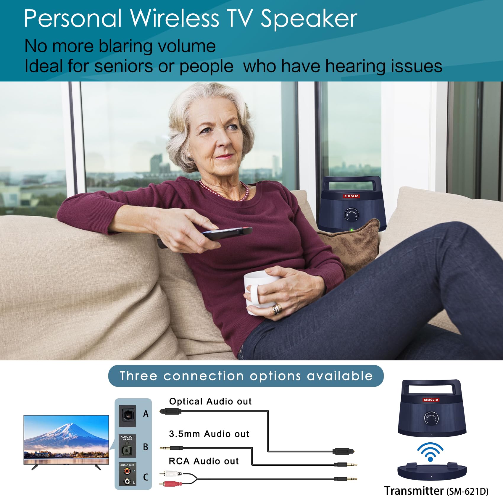 Simolio Wireless TV Speakers with Clear Dialogue, Adjustable Treble & Bass - Ideal for Hard of Hearing & Seniors | Portable Bluetooth Speaker for Smart TV, PC, Laptop | Supports Optical/RCA/AUX Input | Includes Headphones & Adapters | Perfect for Home Theater, Bedroom & Elderly Care