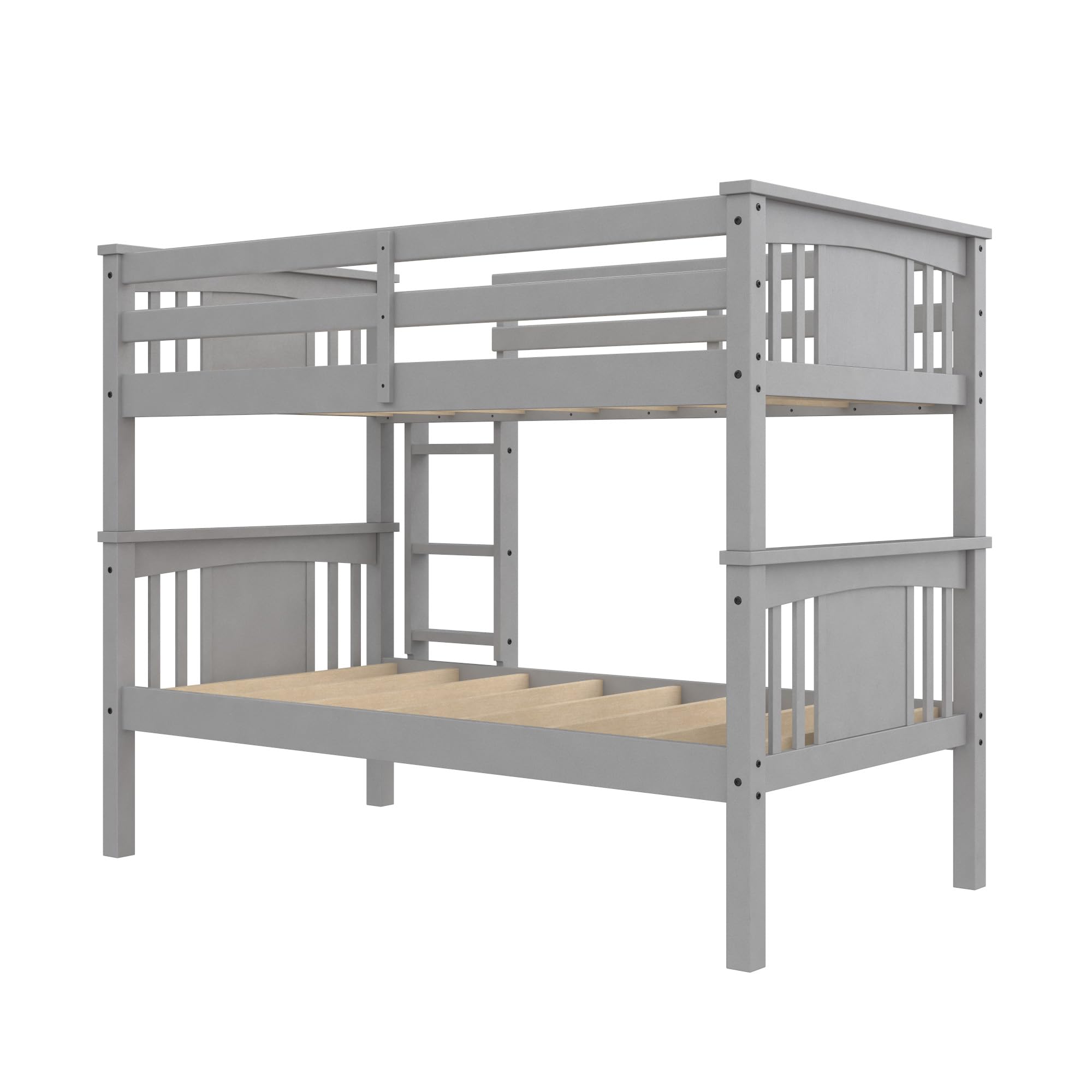 DHP Dylan Wood Twin Over Twin Bunk Bed with Ladder, Grey - Space-Saving Kids Bedroom Furniture for Siblings or Sleepovers