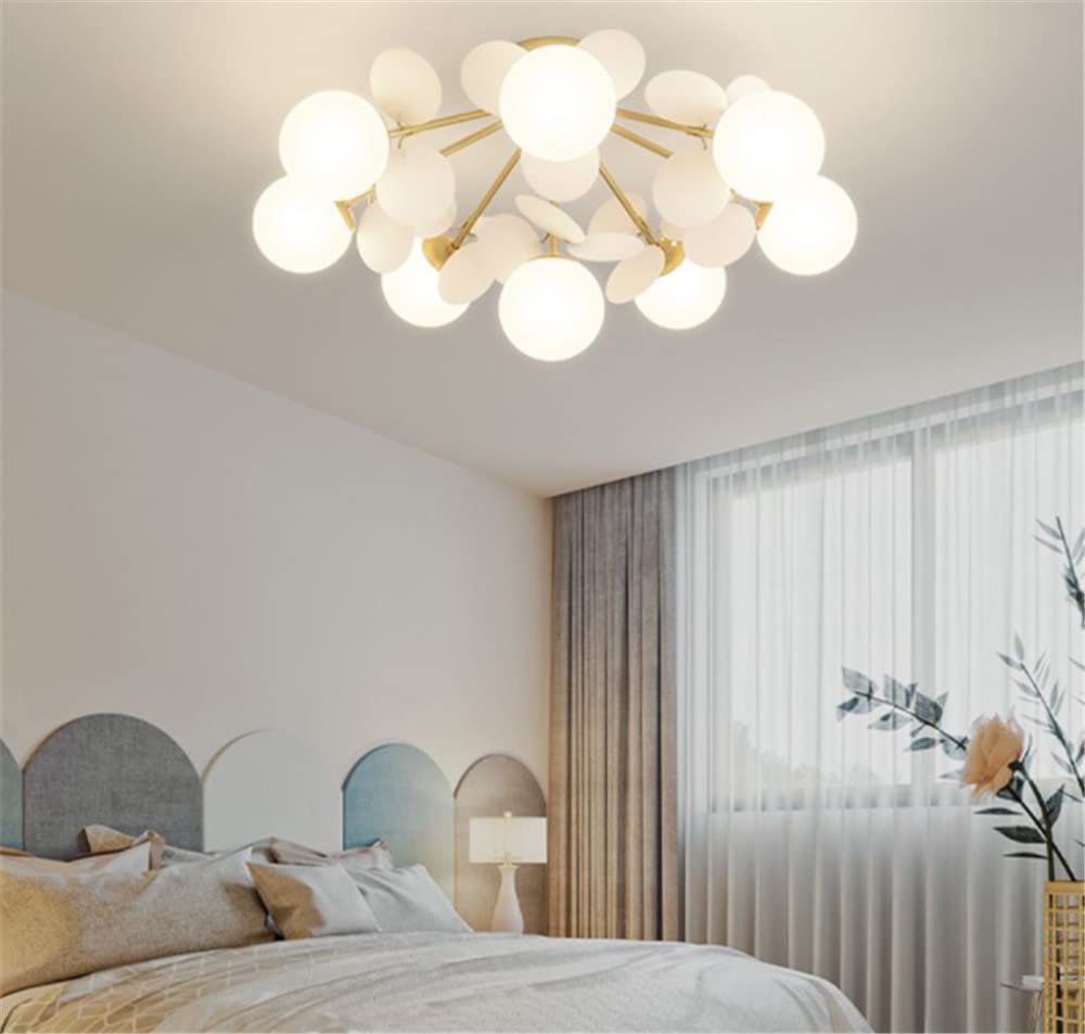 NIUYAO 8-Light Semi Flush Mount Ceiling Chandelier - White Glass Spherical Lampshades with Decorative Leaf Design, Nordic Style Lighting Fixture for Bedroom, Living Room, Dining Room, and Hallway