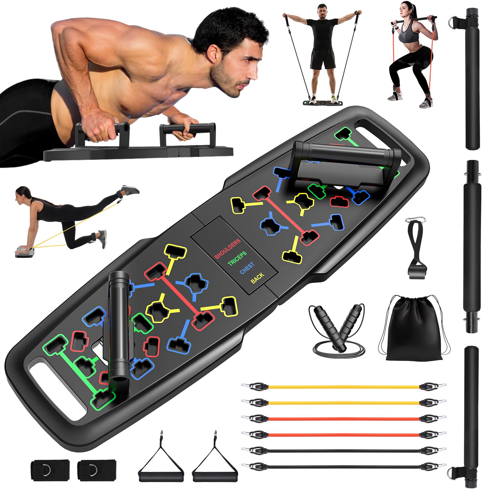 KUYOU Portable Home Gym Equipment - Push Up Board, Pilates Bar & Resistance Bands for Upper Body & Full Body Workout | Strength Training Fitness Accessories for Home, Travel & Small Space Workouts