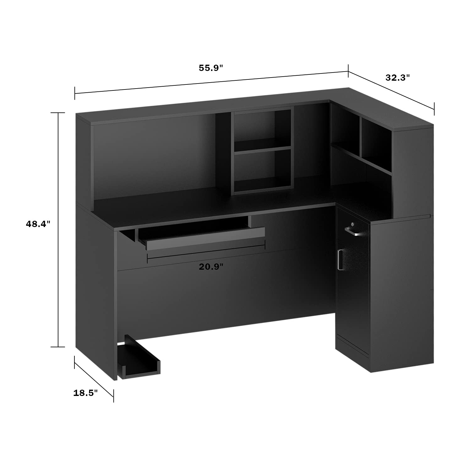 Modern Reception Counter with Large Storage Shelves & Drawers - Black | Retail Front Desk for Office, Hotel, or Clinic Reception Area