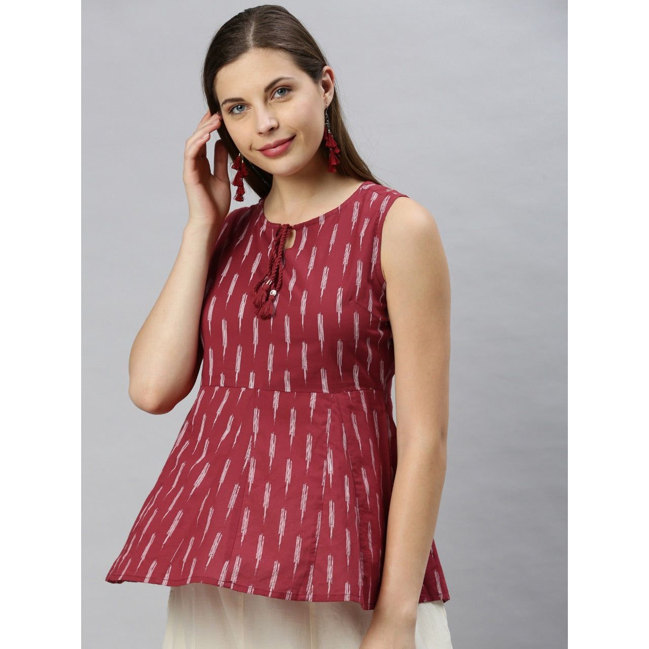 Stylish Sleeveless Indian Kurti Top - Red Cotton Ethnic Tunic for Women | Perfect for Summer, Festivals & Casual Wear