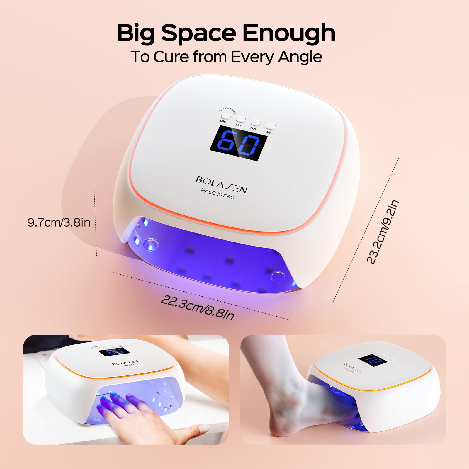 BOLASEN 60W Cordless Rechargeable UV LED Nail Lamp - Wireless Gel Nail Light with Ceramic Technology & Metal Base, Portable LED Nail Dryer with Atmosphere Light for Professional Manicures - Perfect for Home, Salon & Travel Nail Care