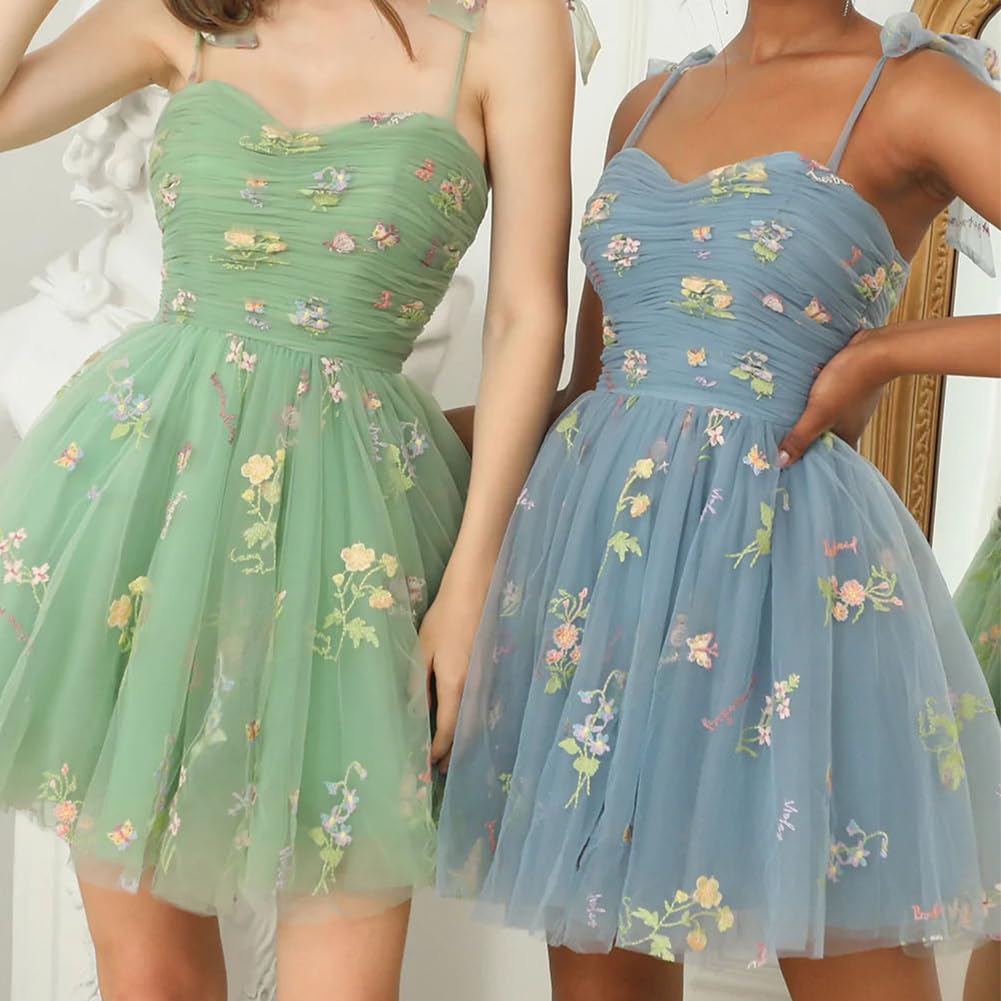 Elegant Women's Tie Strap Tulle Prom Dress with Sweetheart Neckline & Floral Embroidery - Short Formal Party Mini Homecoming Dress for Prom Night, Wedding Guest, Cocktail Party & Special Occasions