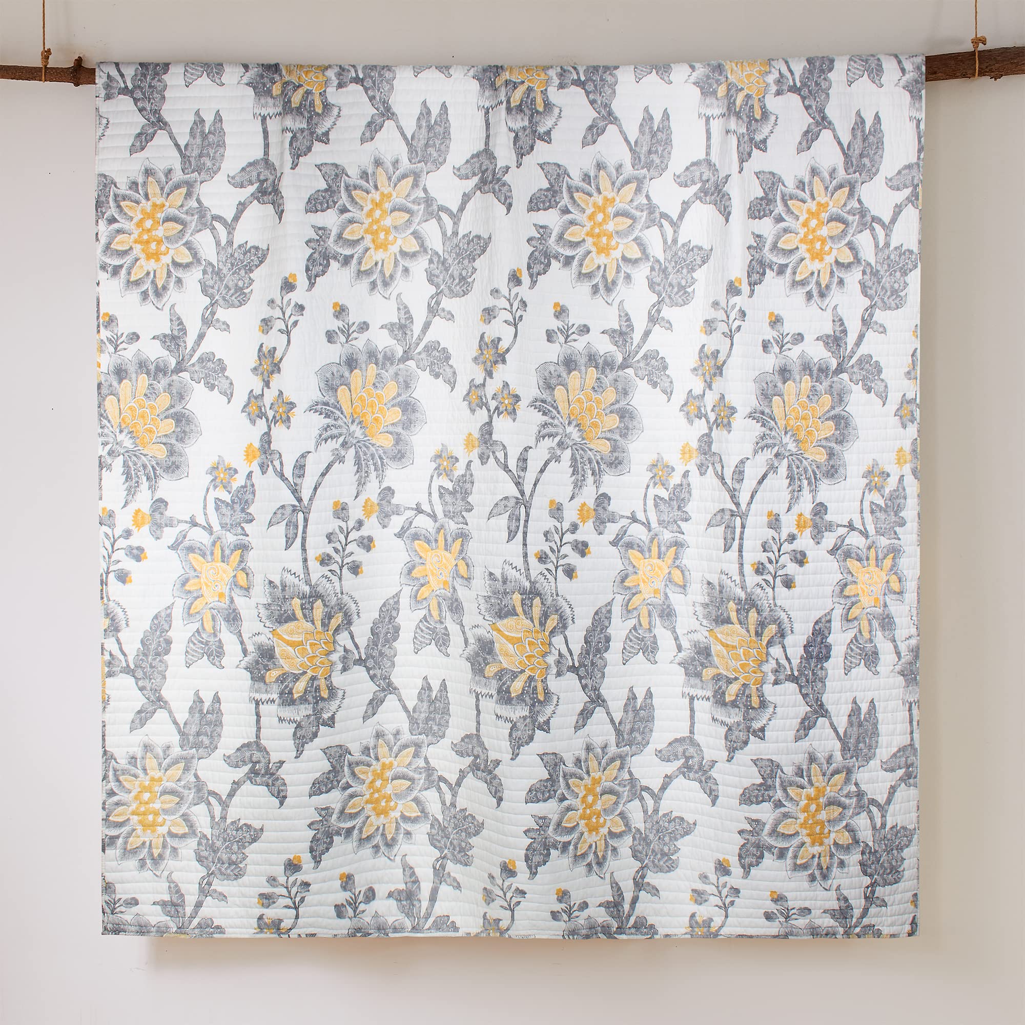Levtex Home Reverie Quilt Set - Full/Queen Size Reversible Cotton Quilt (88x92in) with 2 Standard Pillow Shams (26x20in) - Floral Pattern in Yellow, Grey & White - Soft Bedding for Cozy Bedroom Decor & Guest Room Essentials