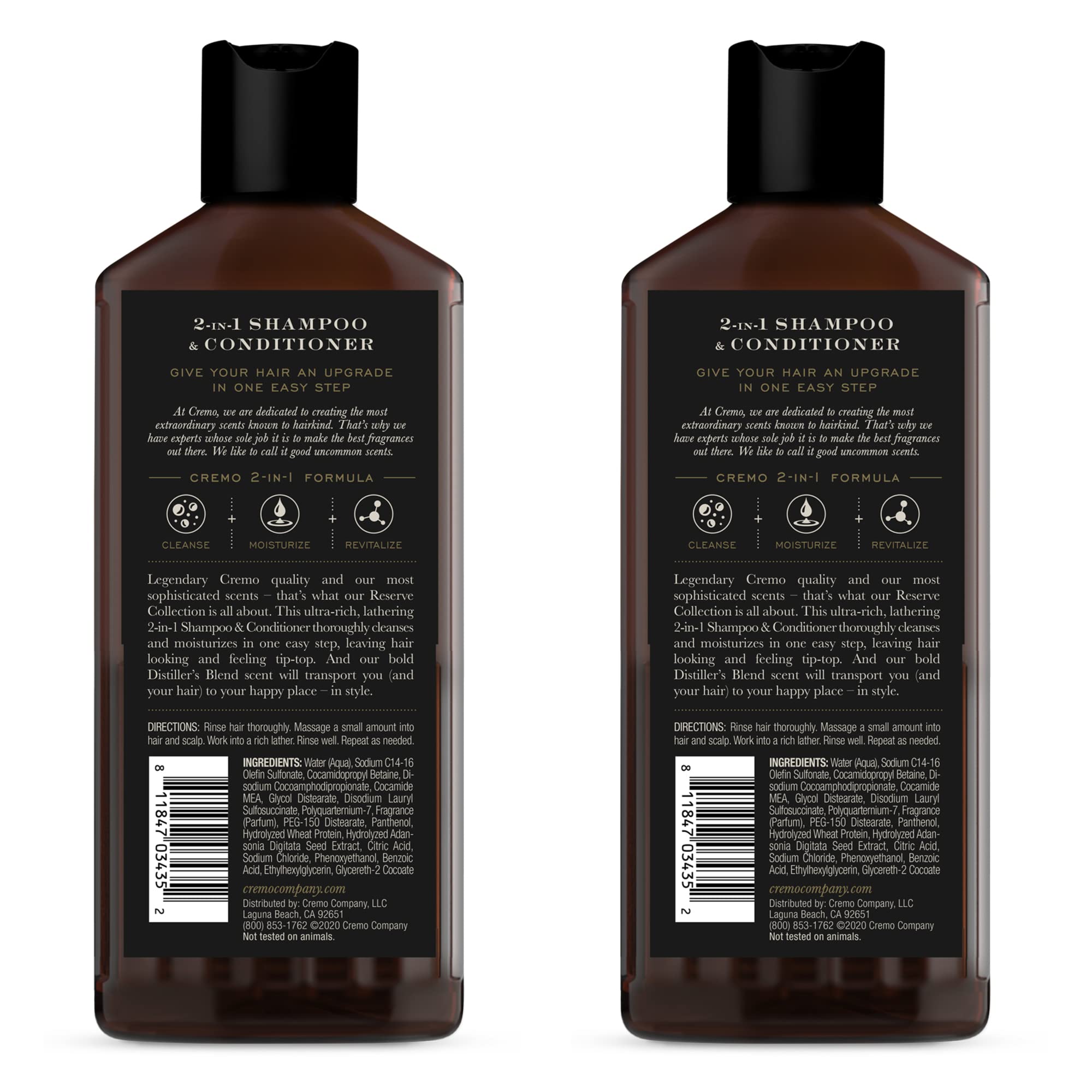Cremo Distiller’s Blend Reserve Collection Barber Grade 2-in-1 Shampoo & Conditioner for Men, 16 Fl Oz (Pack of 2) - Hydrating & Volumizing Hair Care for Daily Use at Home or Salon