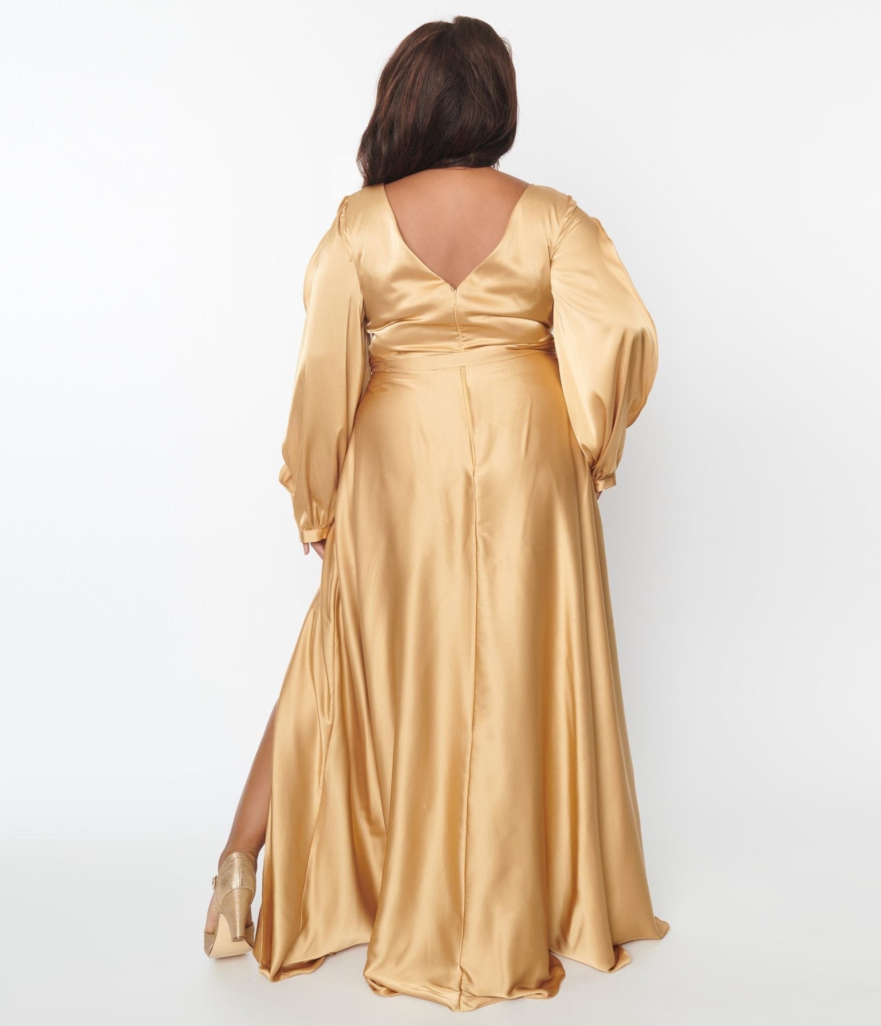 Plus Size Gold Satin Long Sleeve Goddess Gown - Elegant Formal Evening Dress for Women | Perfect for Prom, Wedding Guest, Gala & Special Occasions