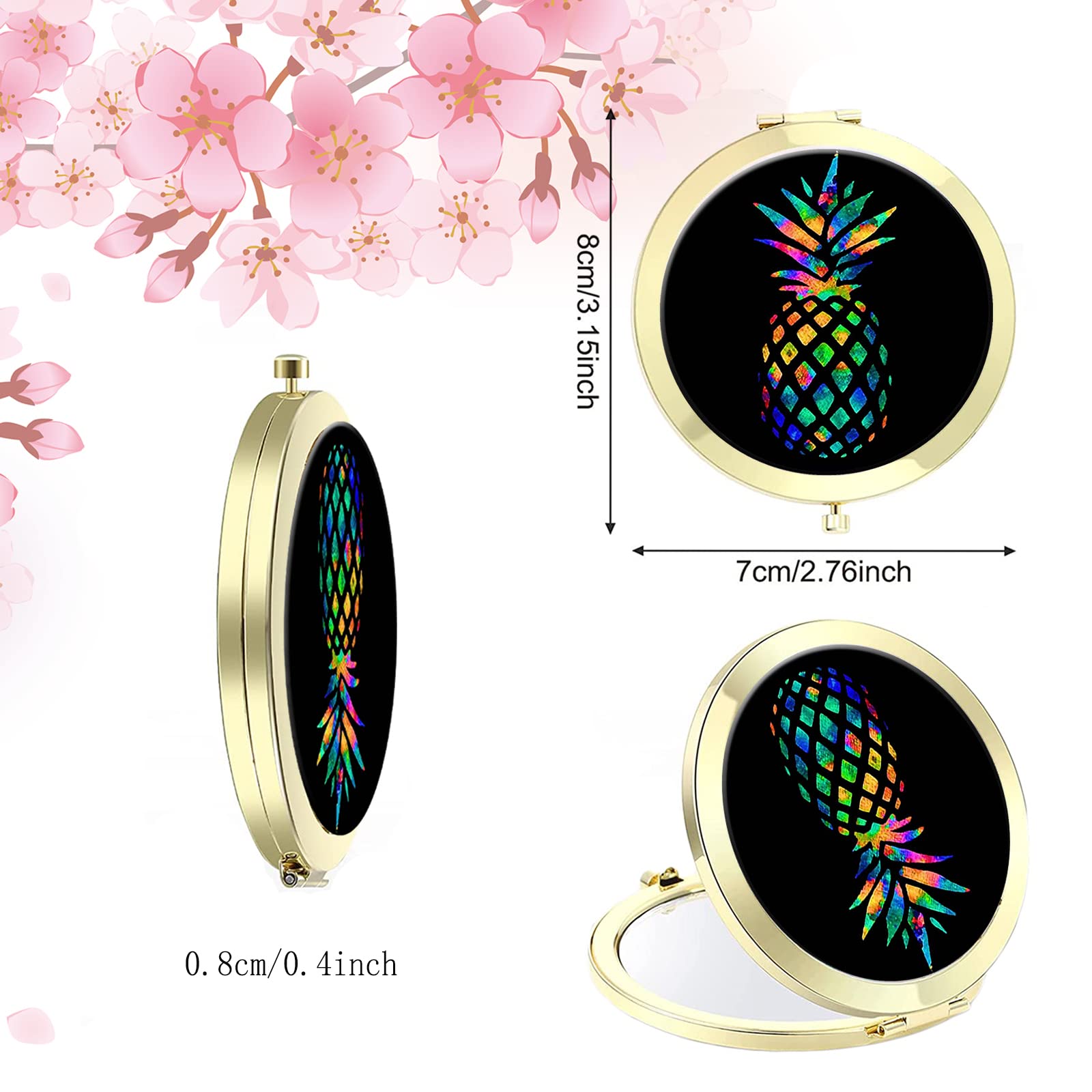 Compact Travel Makeup Mirror for Women - Round Portable Folding Double Sided Handheld Pocket Mirror, Mini Golden Black Pineapple Design - Perfect for Handbag, Purse, On-the-Go Touch Ups & Travel Essentials