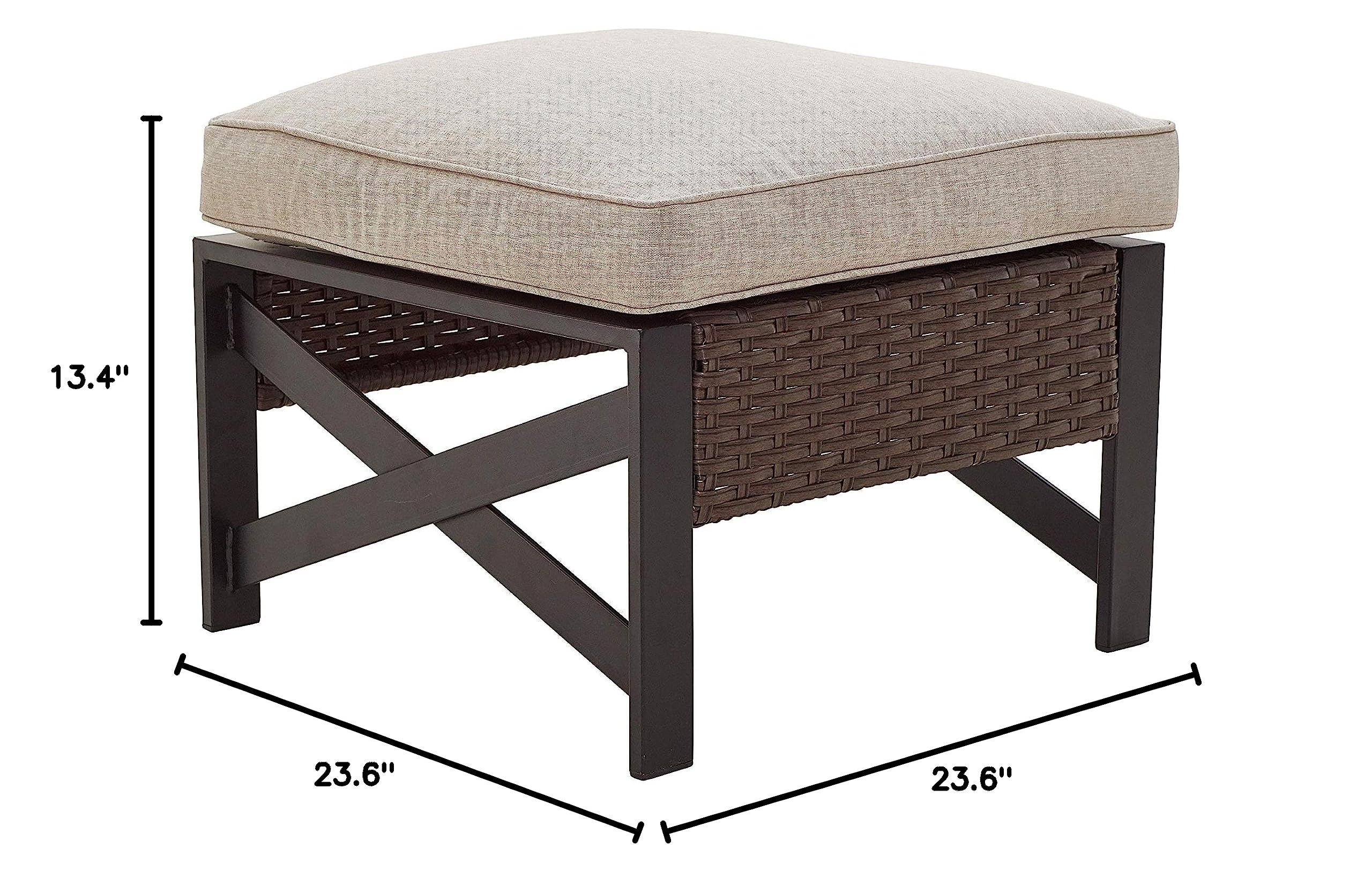 LOKATSE HOME Outdoor Metal Ottoman Patio Rattan Wicker Footstool with Cushion - Brown - Waterproof & Durable Garden Furniture for Poolside, Deck, or Backyard Relaxation