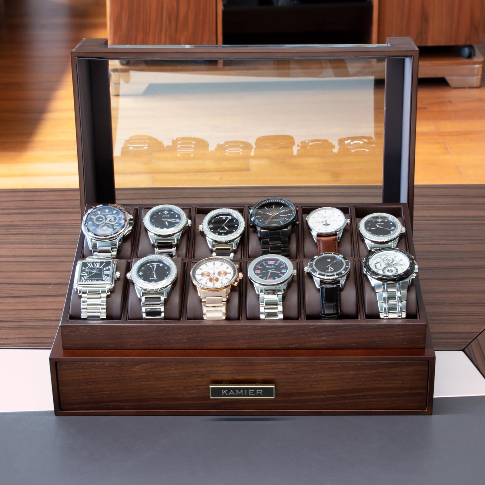 Luxury 12-Slot Wooden Watch Box with Glass Lid & Drawer - 2-Layer Watch Display Case for Men & Women - Premium Jewelry and Watch Storage Organizer - Perfect Gift for Watch Collectors (Ideal for Home, Office, or Travel Use)