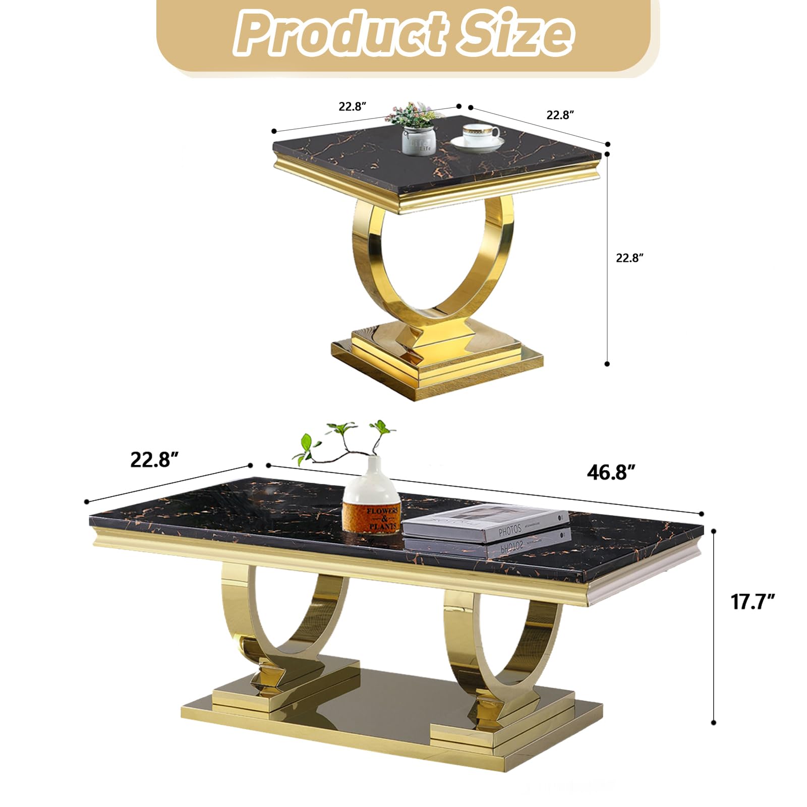 3-Piece Marble Coffee Table Set for Living Room - Faux Marble & Wood Top with Stainless Steel Frame - Modern Nesting Tables for Apartment, Home Office & Lounge (Black) | Perfect for Small Spaces, Coffee Serving & Stylish Home Decor
