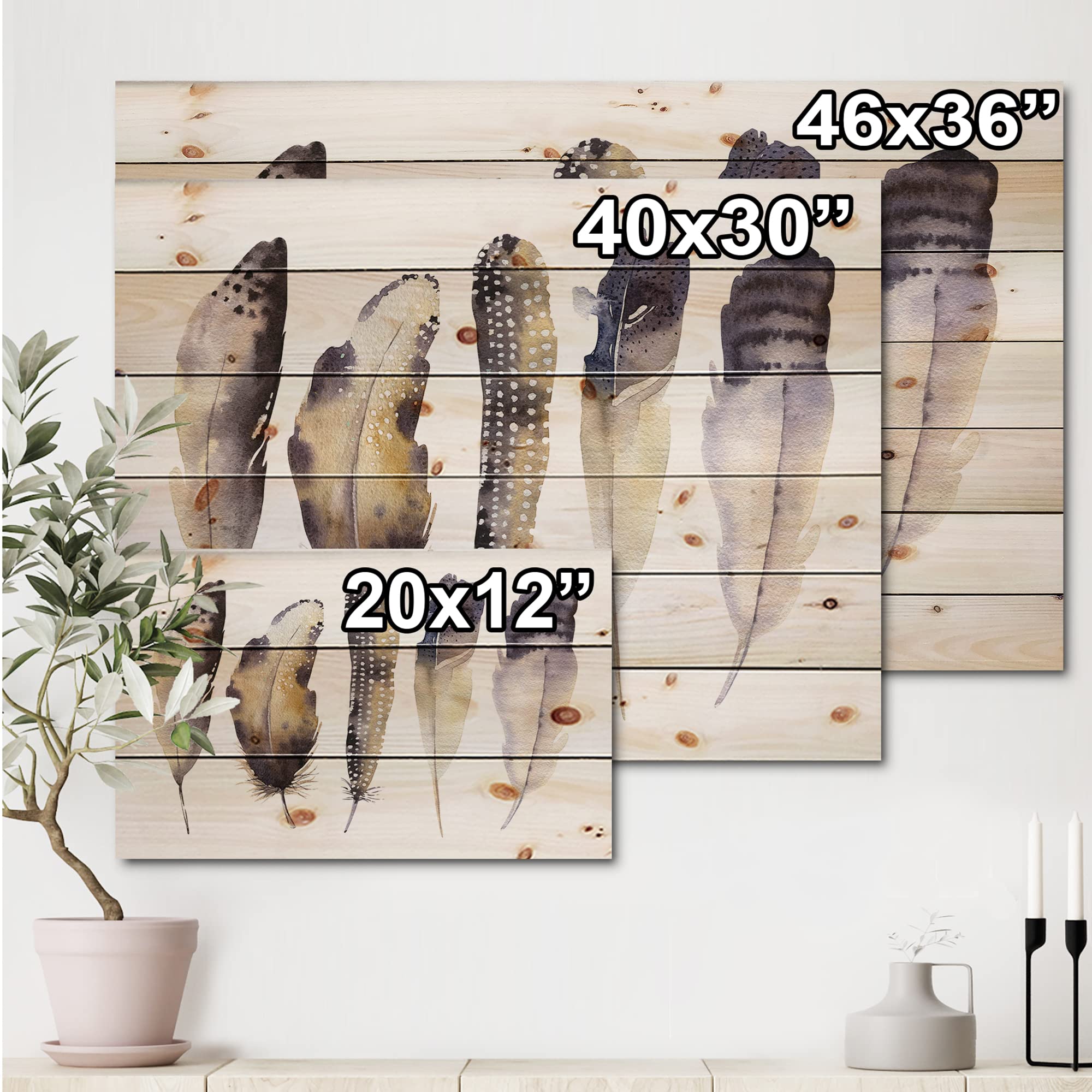 Bohemian Feather Wood Wall Art - Dark Gray Ethnic Boho Decor, Large Animal Print Panels on Natural Pine Wood | Perfect for Living Room, Bedroom & Office Wall Decor
