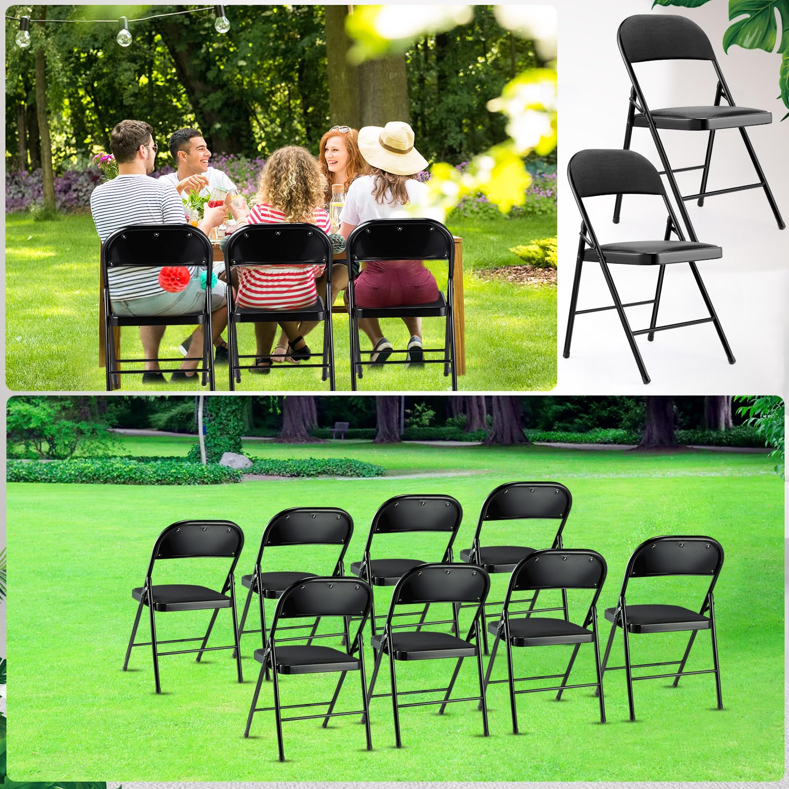 6 Pack Folding Chairs - Heavy Duty Metal Frame with Comfortable Padded Seat, Portable & Stackable for Office, Wedding, Party, Camping & Outdoor Events - Non-Slip Black Fabric Chairs Bulk Supplies