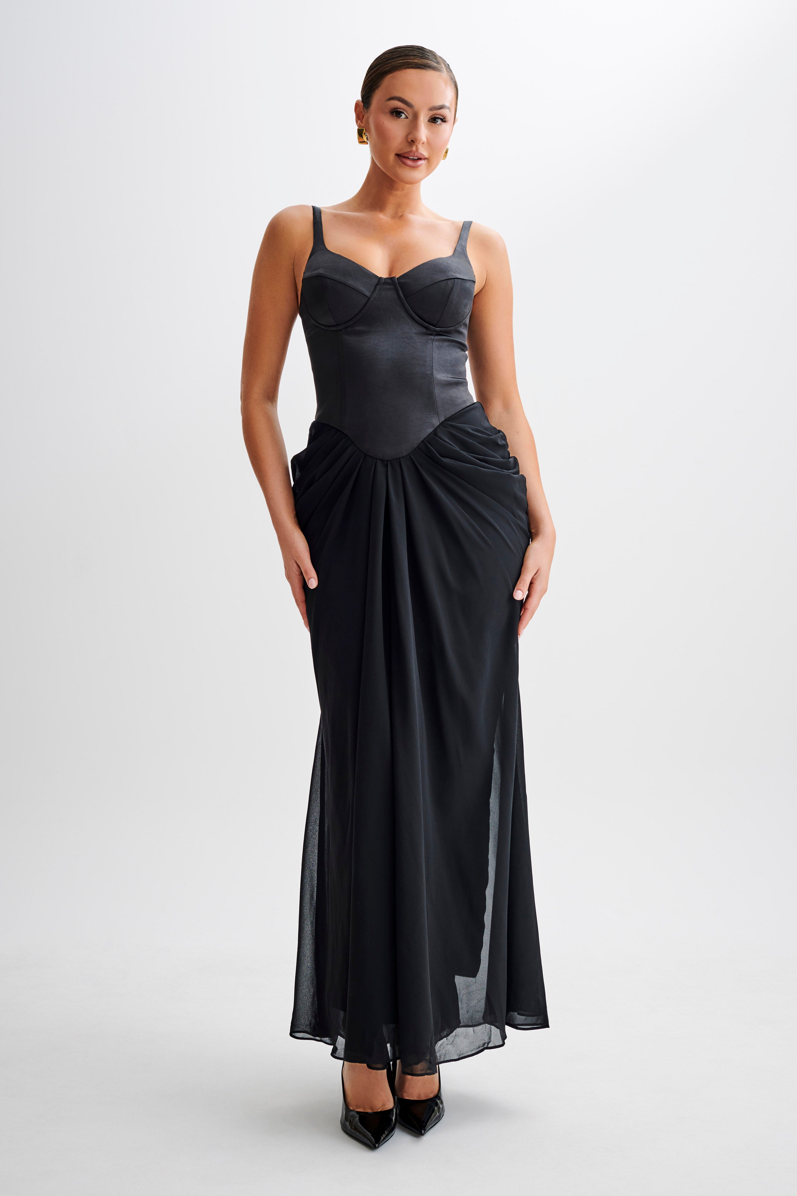 Leila Satin Corset Maxi Dress - Elegant Black Formal Gown for Evening Parties, Prom, and Special Occasions