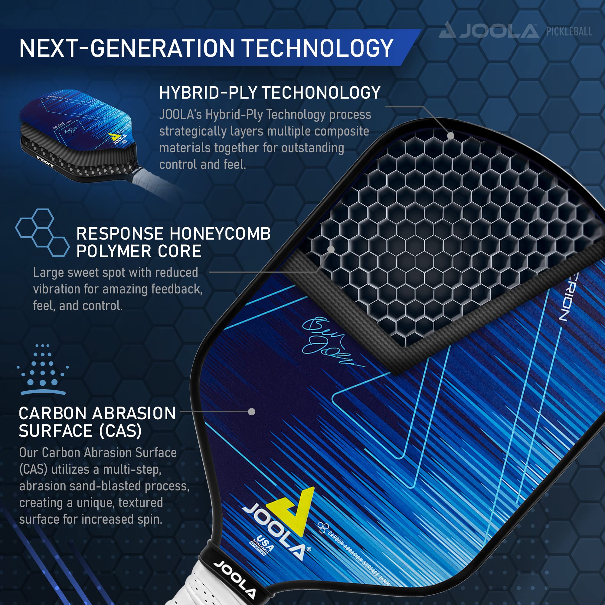JOOLA Ben Johns Hyperion Pickleball Paddle - USAPA Approved Carbon Fiber Paddle with Honeycomb Polypropylene Core - Enhanced Power & Spin Control - Carbon Surface & Ergonomic Elongated Handle for Sure-Grip - Perfect for Competitive Play & Recreational Pickleball Games