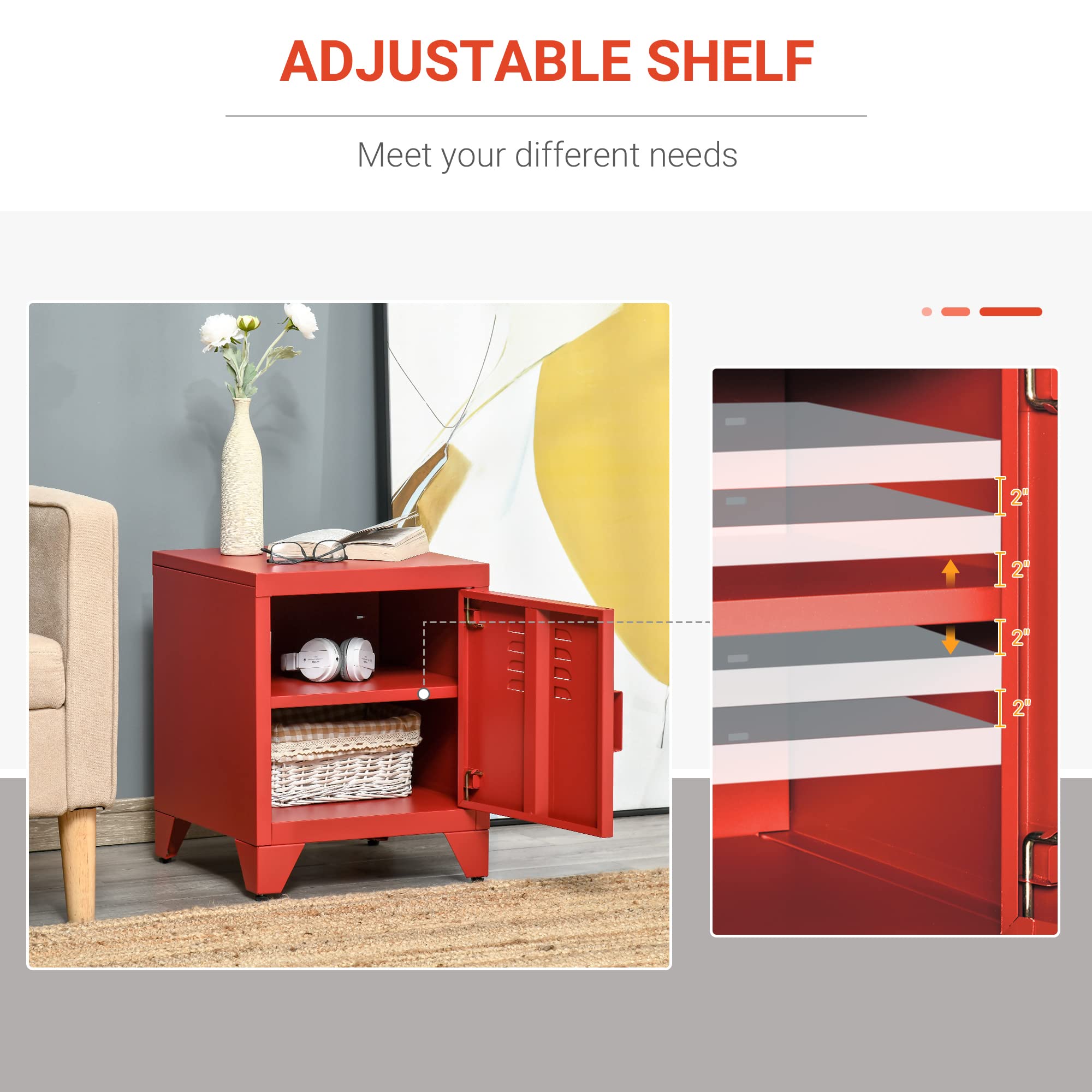 HOMCOM Industrial End Table with Locker-Style Door & Adjustable Shelf - Sturdy Living Room Side Table in Red | Perfect for Small Spaces, Bedroom, Dorm & Office Organization