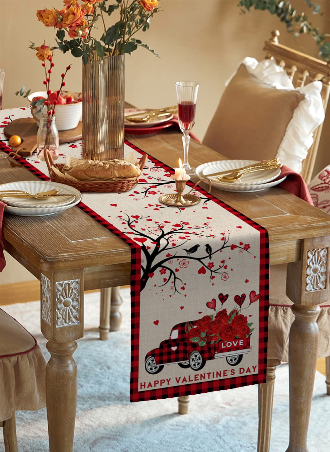 108-Inch Valentine's Day Table Runner - Red Rose & Black Buffalo Plaid Kitchen Decor for Parties, Coffee Tables, and Home - Perfect for Romantic Dinners, Holiday Gatherings, and Seasonal Home Styling (13x108 Inches)