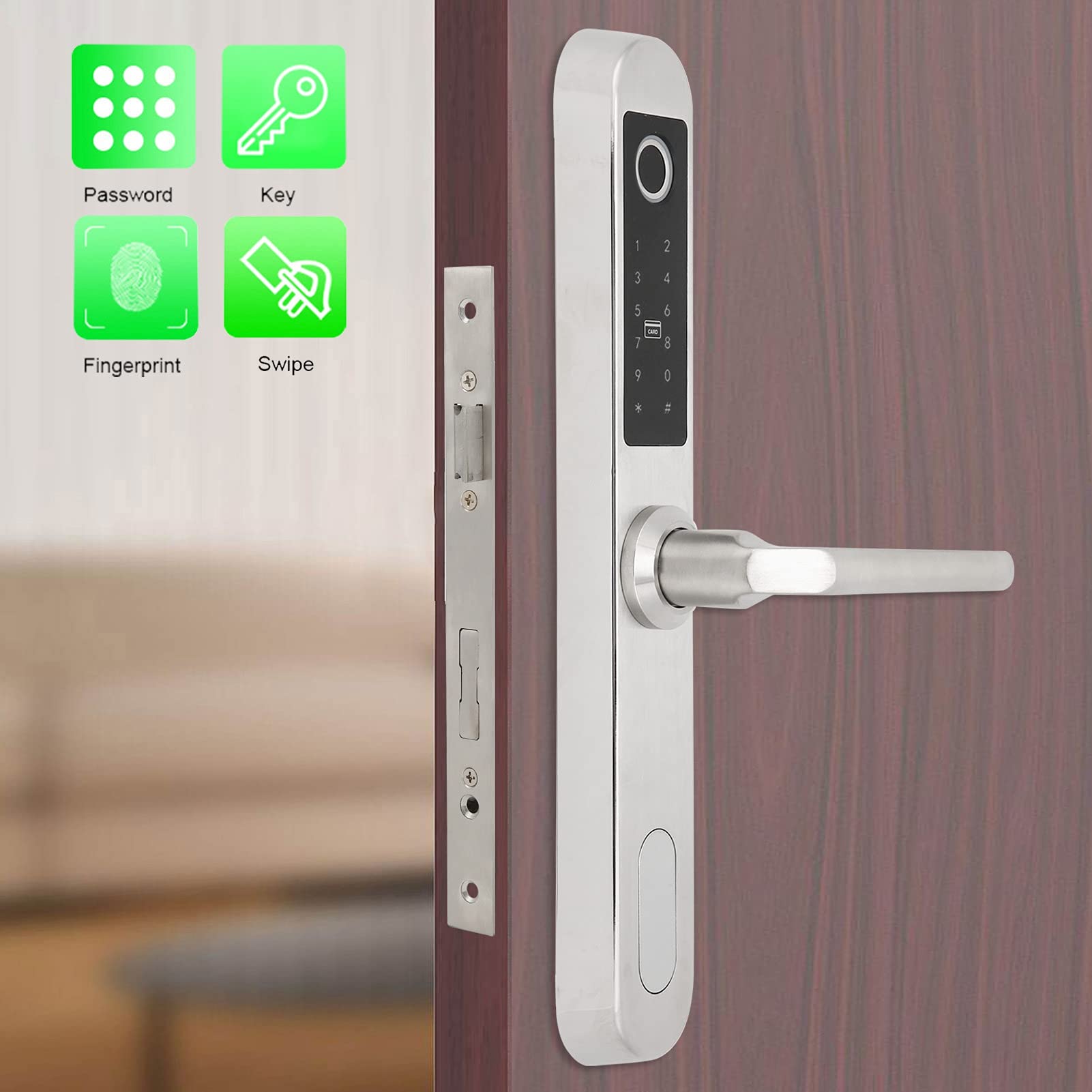 Smart Fingerprint Door Lock with Keypad & Deadbolt - Keyless Entry with Password, Card & Handle for Home, Apartment, Office (Silver) | Secure & Convenient for Schools, Villas & Businesses