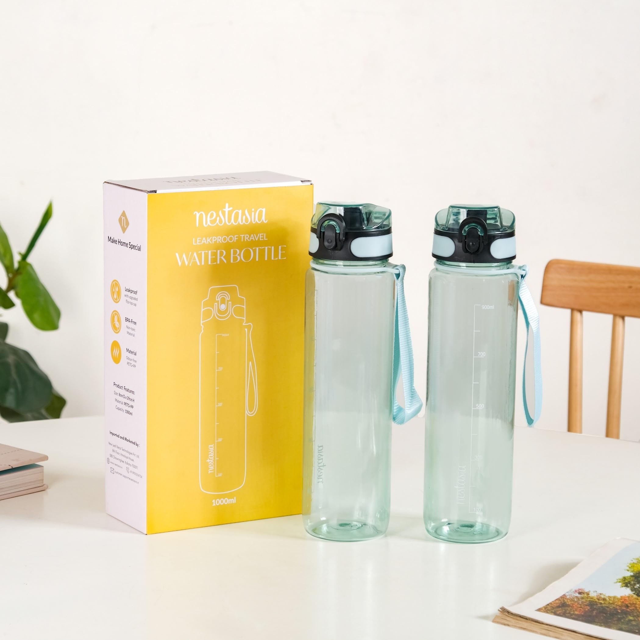 Nestasia 2-Pack 1000ml BPA-Free Water Bottles with Spill-Proof Spring-Loaded Cap & Capacity Markers - Transparent Travel & Gym Bottles for Fitness, Office, Hiking & Outdoor Activities (Mint Green)