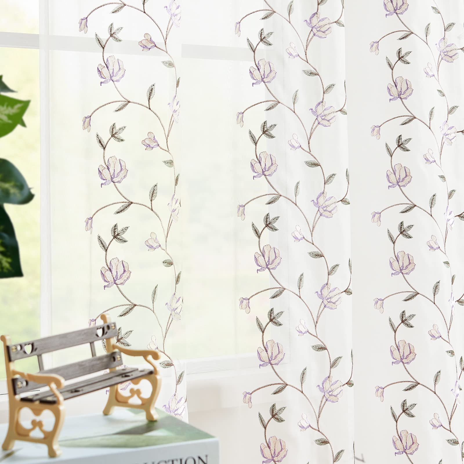JINCHAN Blue Floral Embroidered Sheer Curtains - 96 Inch Rod Pocket Window Drapes for Bedroom & Living Room (Set of 2 Panels) - Elegant Purple Embroidery for Home Decor & Light Filtering