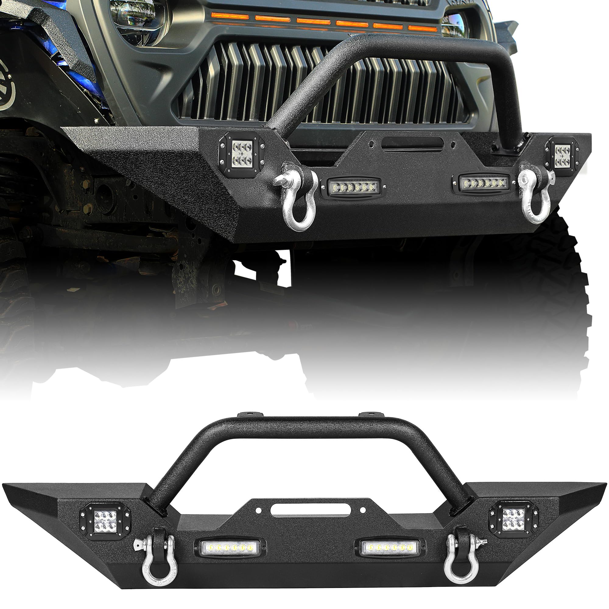 YITAMOTOR Heavy Duty Front Bumper for 2018-2025 Jeep Wrangler JL & 2020-2025 Jeep Gladiator - Rock Crawler Off-Road Bumper with 4 LED Lights & 2 D-Rings - Perfect for Off-Roading, Trail Riding & Jeep Modifications