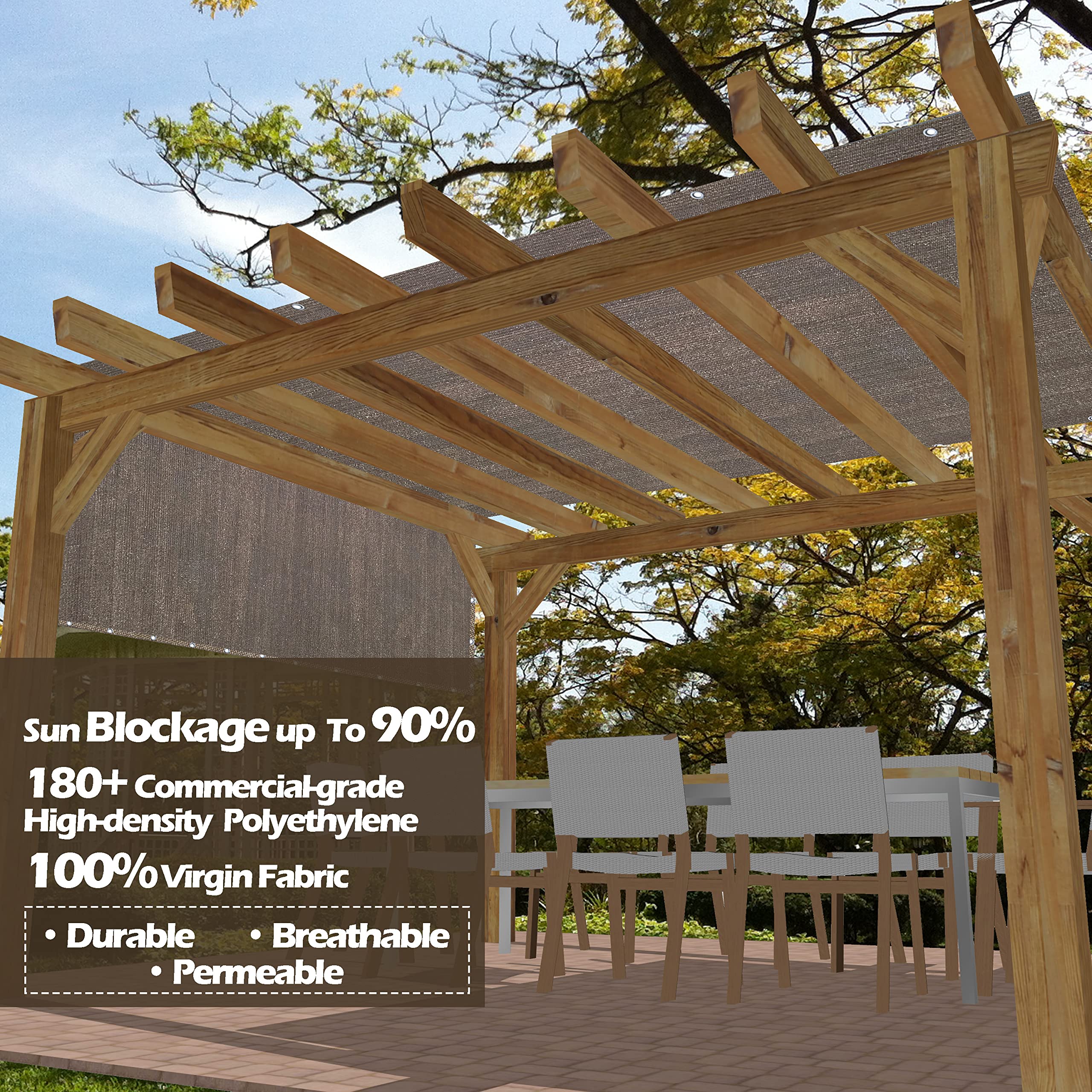 Alion Home 14' x 16' Brown HDPE Permeable Outdoor Pergola Sun Shade Cover with Grommets - Durable Patio Canopy for Backyard, Garden, and Poolside Shade Protection