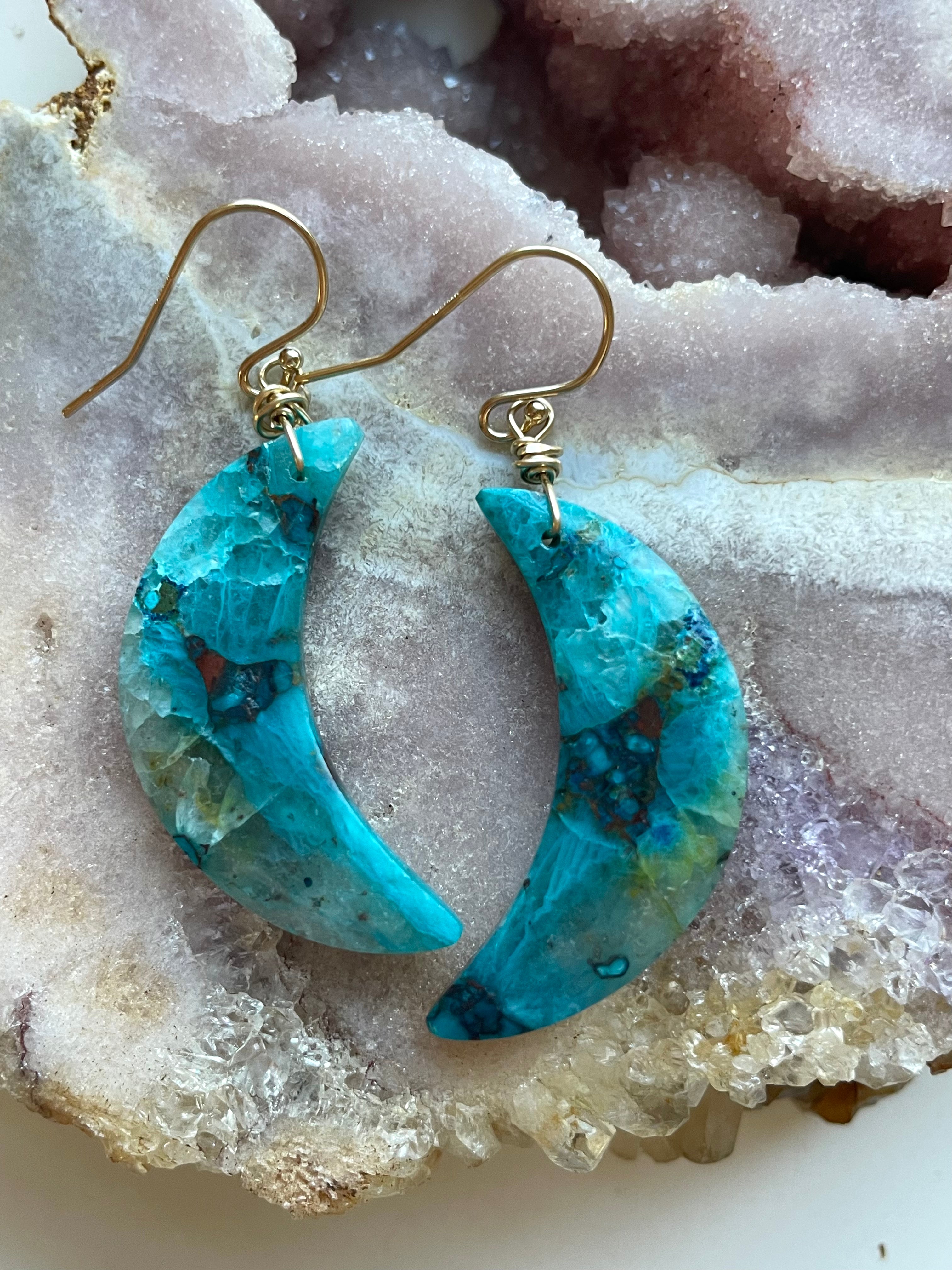 Chrysocolla Gold Filled Statement Crystal Gemstone Earrings for Women - Elegant Bohemian Dangle Earrings for Party, Wedding & Special Occasions