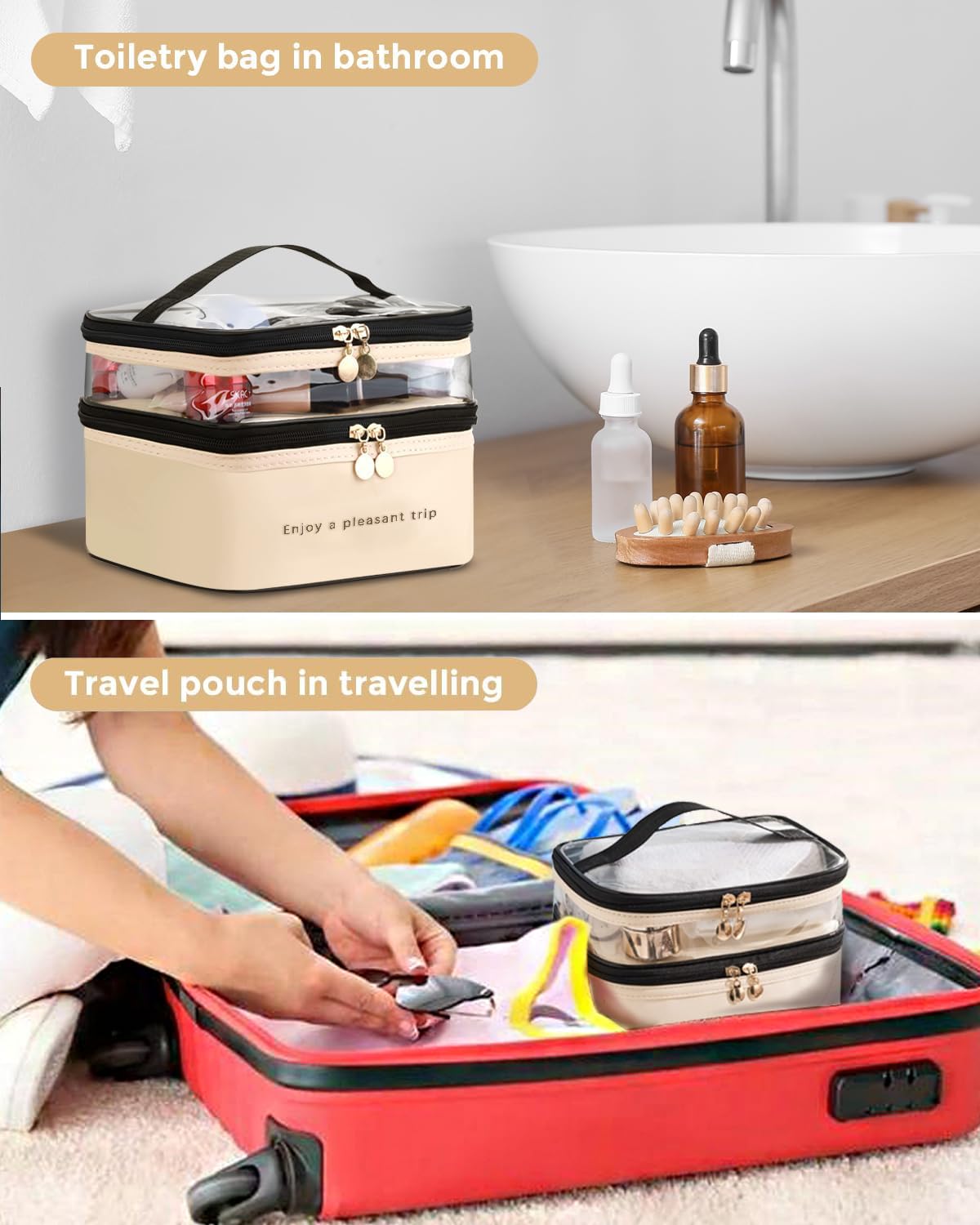 Double Layer Clear Waterproof Makeup Bag with Handle - Travel Cosmetic Organizer for Women, Girls Toiletry Case for Bottles, Brushes & Skincare Products - Perfect for Travel, Gym & Daily Use (White)