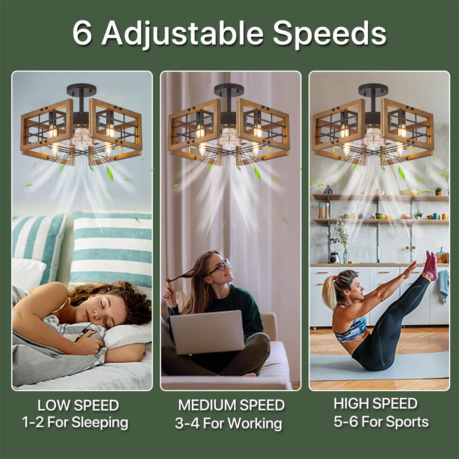 Rustic Wood Ceiling Fan with Light and Remote - Low Profile Flush Mount Farmhouse Style for Living Room, Bedroom, Kitchen | Energy Efficient Indoor Cooling & Lighting Solution for Home Decor