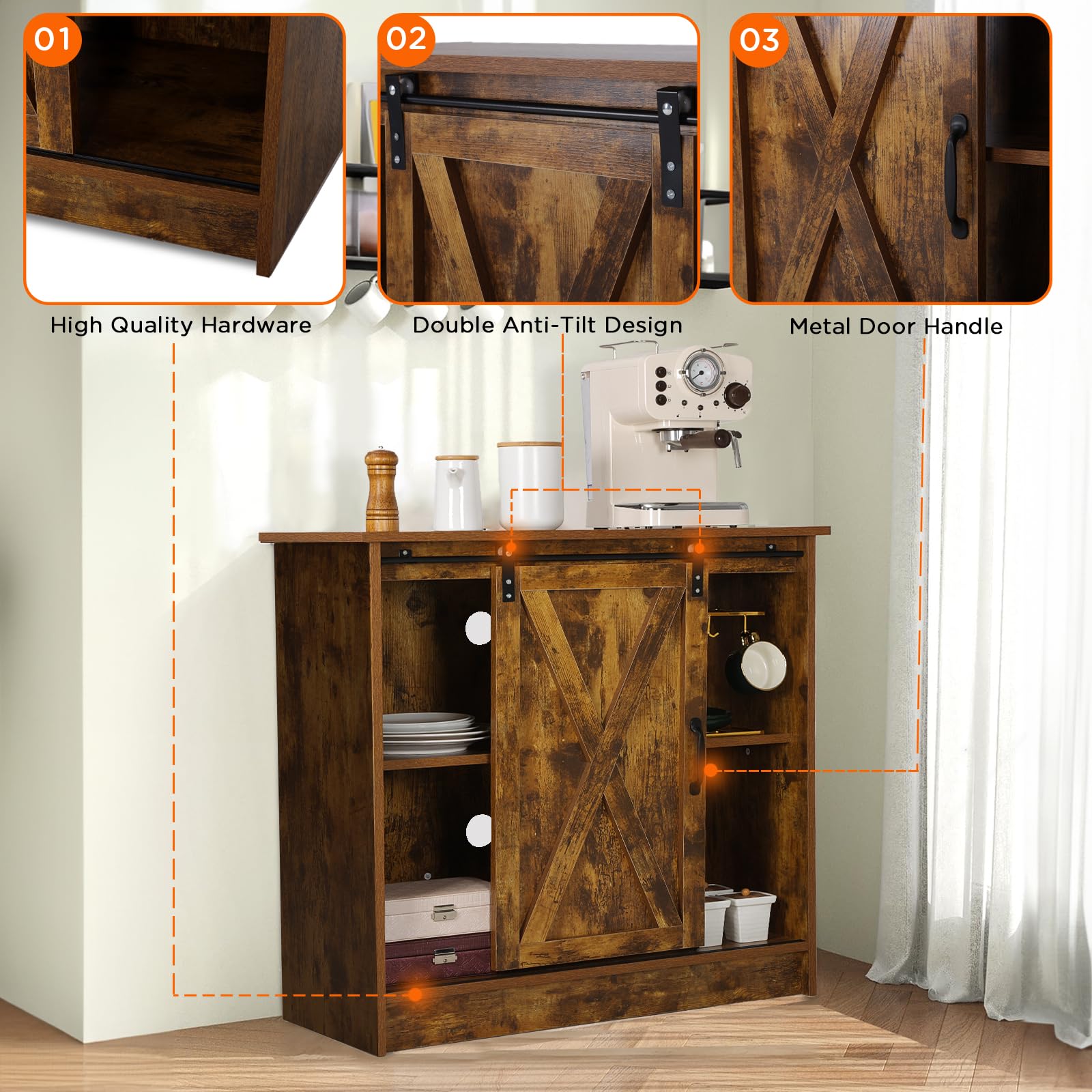 Rustic Brown Coffee Bar Cabinet with Storage - Farmhouse Style Coffee Bar Table with Sliding Barn Door & Adjustable Shelves - Perfect for Kitchen, Dining Room or Living Room Coffee Station Setup