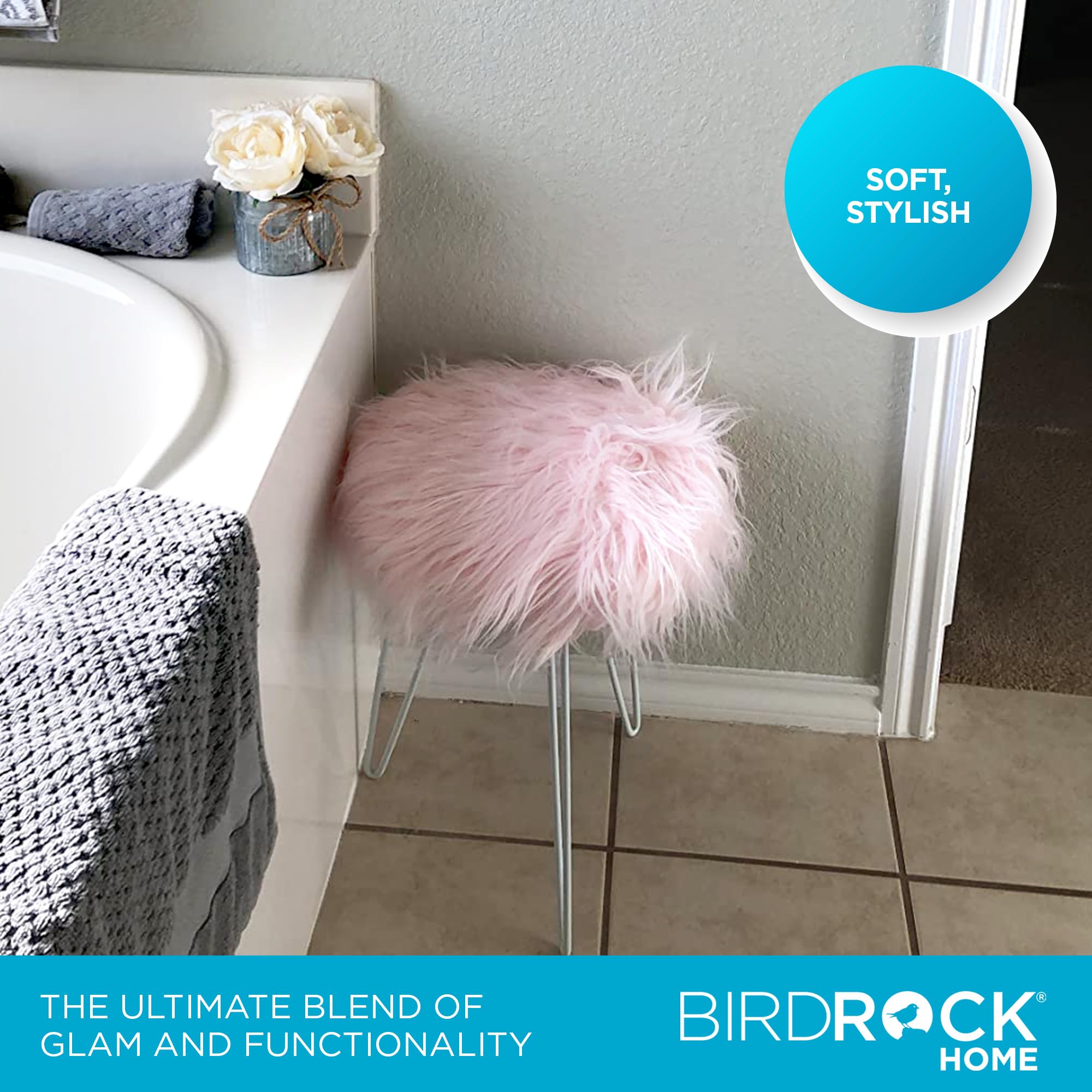 BIRDROCK HOME Round Faux Fur Foot Stool Ottoman with White Hairpin Legs - Soft Padded Vanity Seat Makeup Chair for Bedroom, Living Room & Kids Room - Cozy Pink Accent Furniture for Home Decor, Reading Nook & Dressing Area