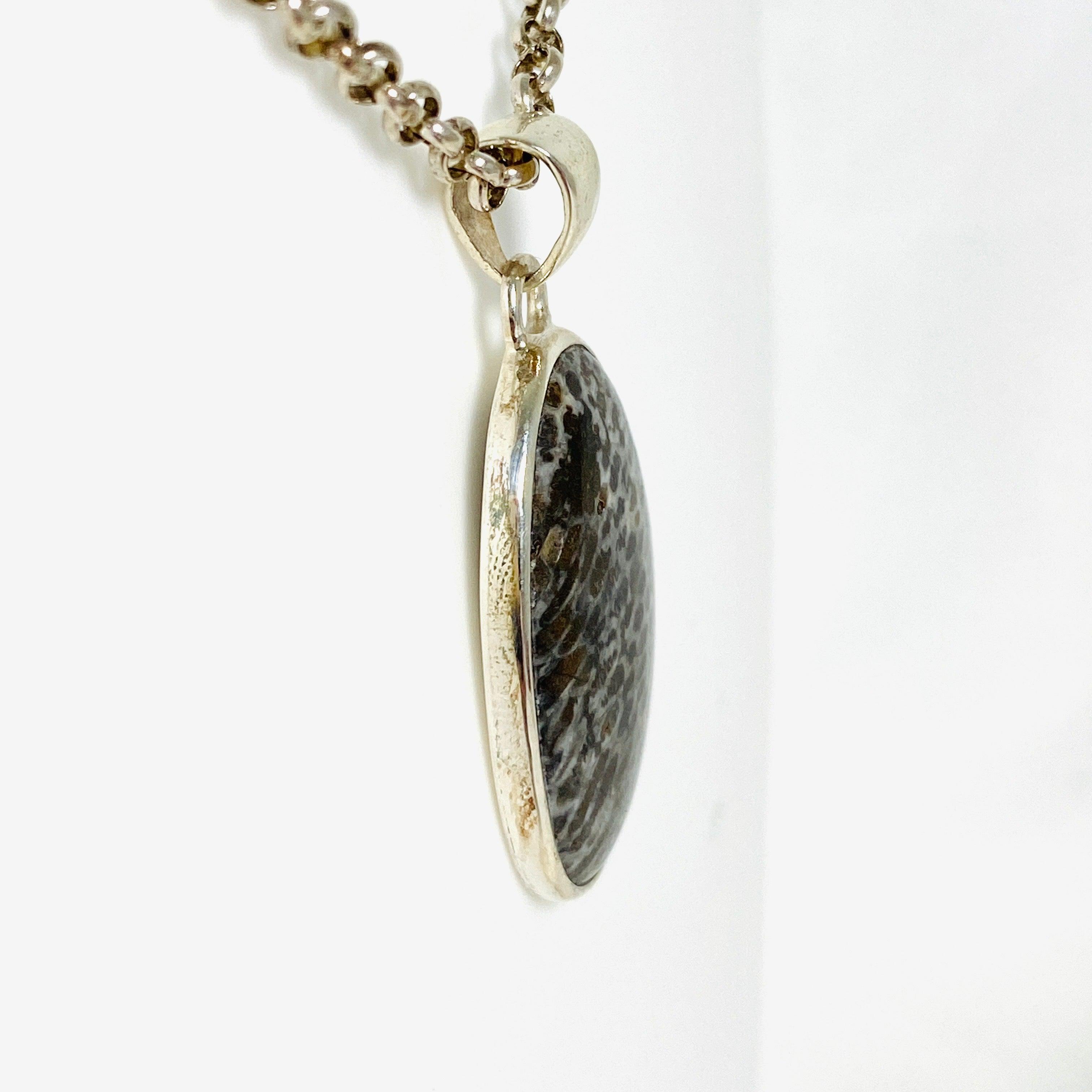 Black Fossilized Coral Oval Pendant Necklace KPGJ3130 - Elegant Jewelry for Women, Perfect for Parties, Weddings & Special Occasions