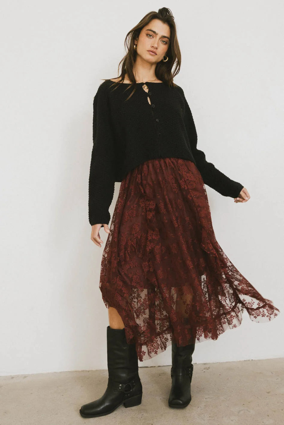 Elsie Lace Midi Skirt in Red Brown - Elegant Floral Lace Skirt for Women | Perfect for Weddings, Parties & Date Nights | FINAL SALE