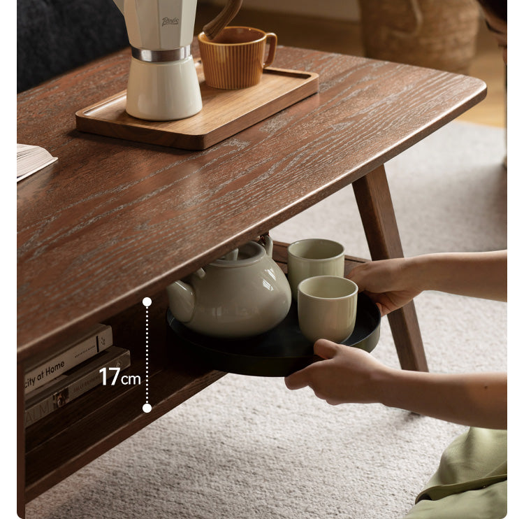 Solid Oak Wood Walnut Finish Double Layer Coffee Table - Modern Living Room Furniture for Home Decor & Small Space
