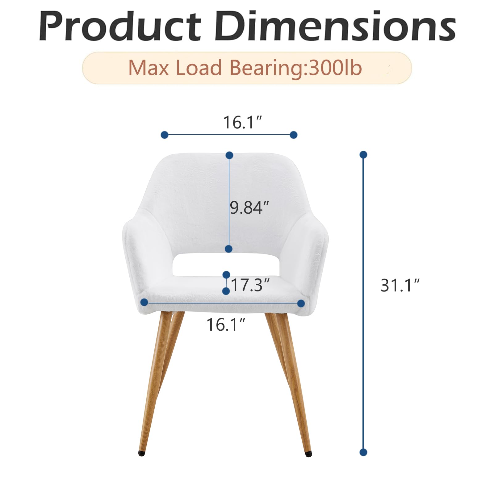 Henf White Faux Fur Office Chair - Modern Upholstered Armchair with Wood Legs for Desk, Dining, Living Room & Vanity | Comfortable & Stylish Home & Office Seating