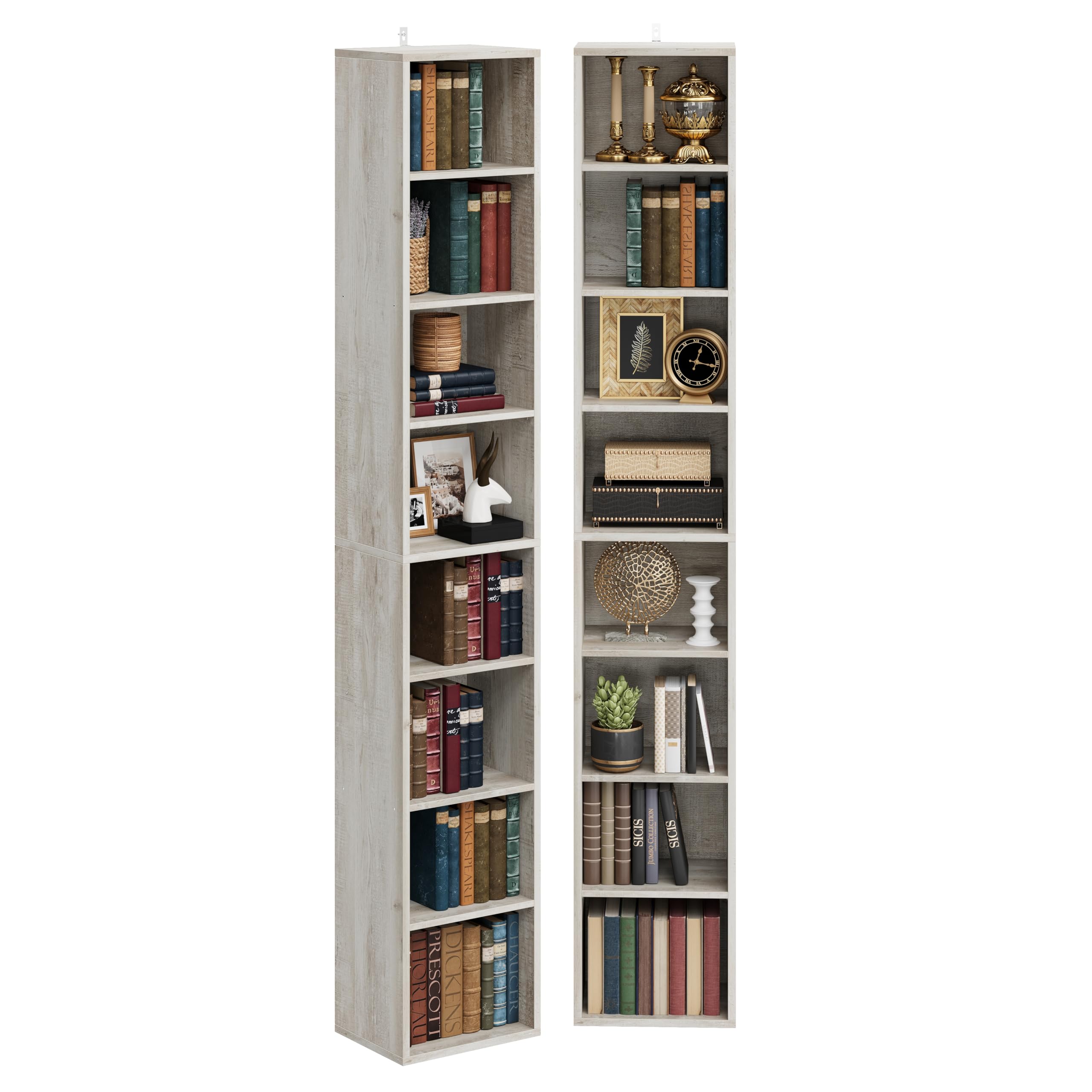 IRONCK 71-Inch Tall Narrow 8-Tier Bookshelf Set of 2 - Space-Saving Corner Bookcase for Living Room, Office, Study & Bedroom - Perfect for Small Spaces, Book Storage & Home Organization