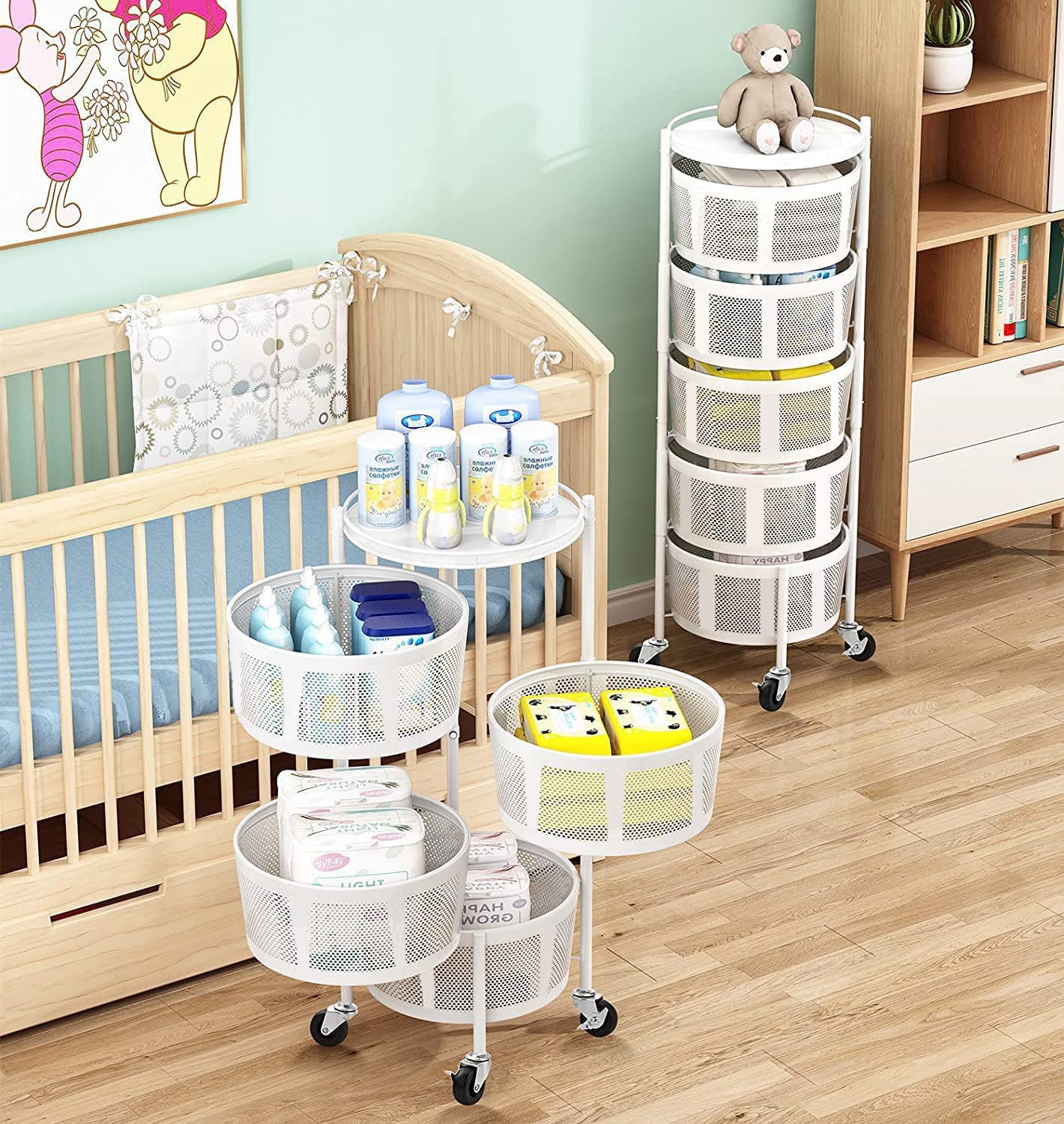 5-Tier Rotating Storage Rack - Space Saving Kitchen Organizer for Fruits, Vegetables & Pantry Items | Freestanding Corner Shelf for Bedroom, Living Room & Bathroom | White Multi-Purpose Utility Cart (Ideal for Small Spaces & Clutter-Free Organization)