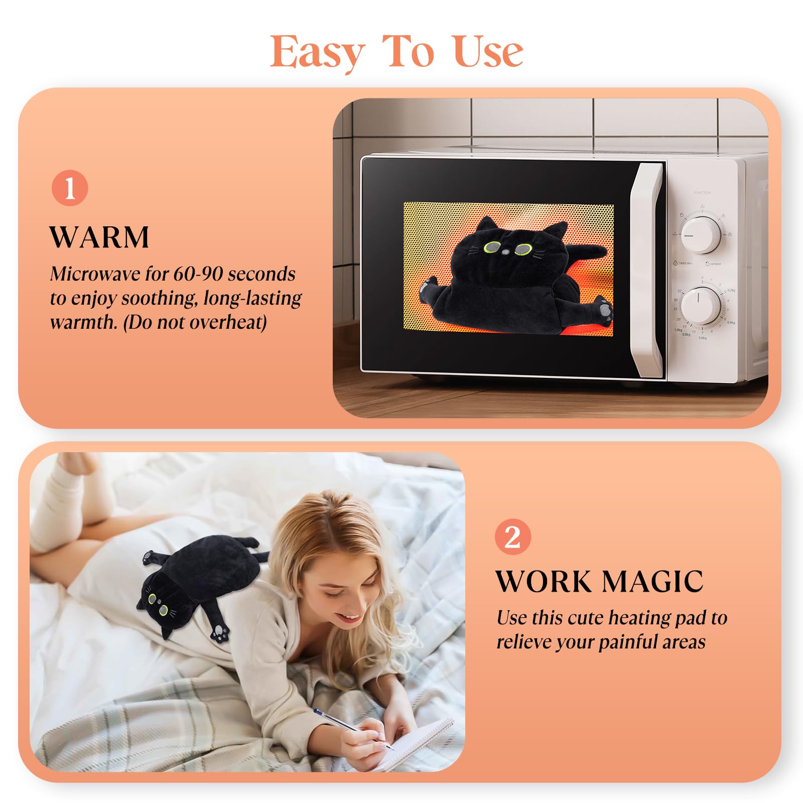 Microwave Heating Pad for Pain Relief - 17x9 Inch Microwavable Moist Heat Therapy Pad for Neck, Shoulder, Back Pain & Cramps - Warm Compress Rice Bean Bag Hot Pack for Muscles & Joints - Perfect for Home, Office & Travel Use - Small Black Cat Design