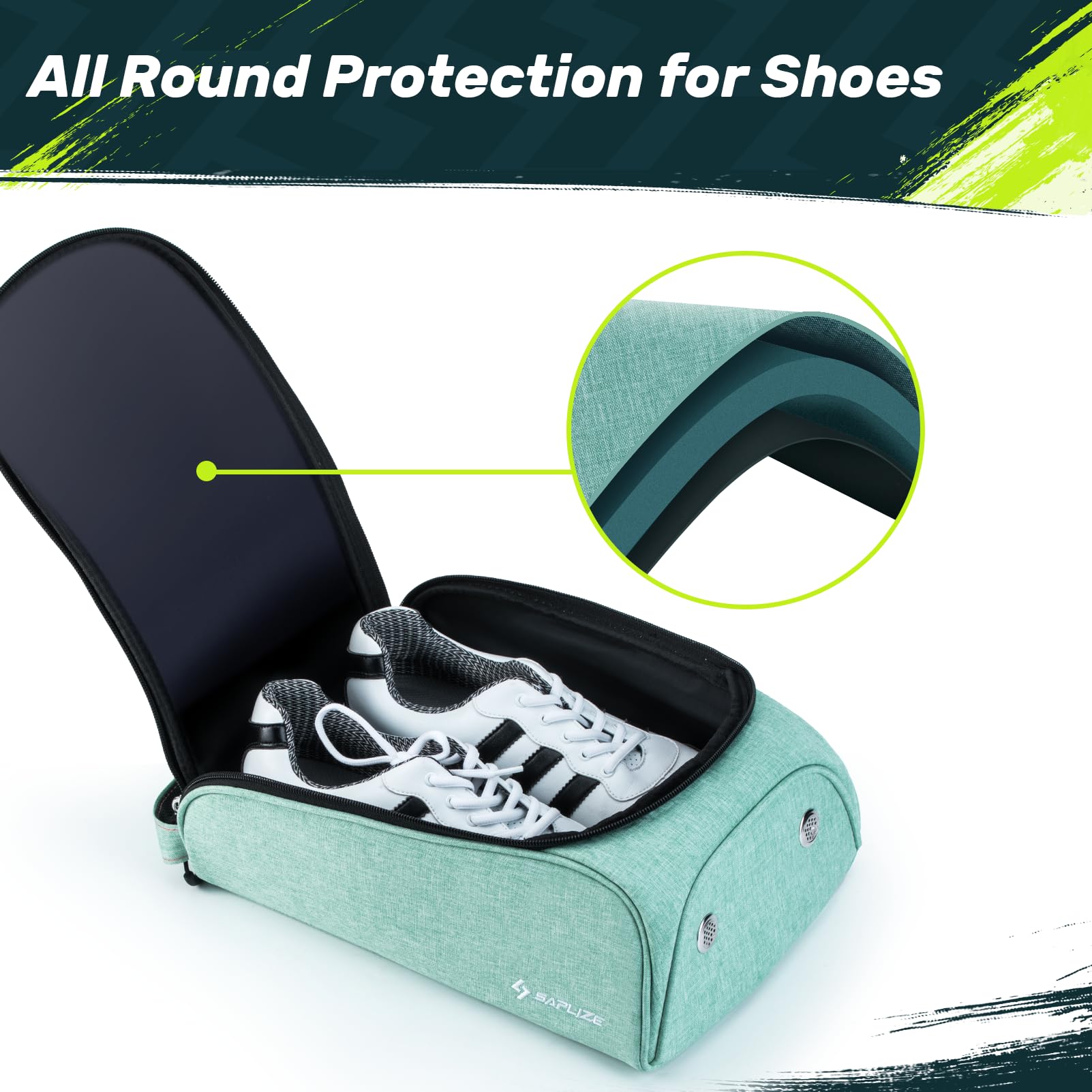 **SAPLIZE Soft Padded Golf Shoe Bag with Ventilation Holes - Breathable Sports Shoe Carrier & Storage Organizer for Men & Women - Perfect for Golf, Tennis, Gym & Travel (Green)**