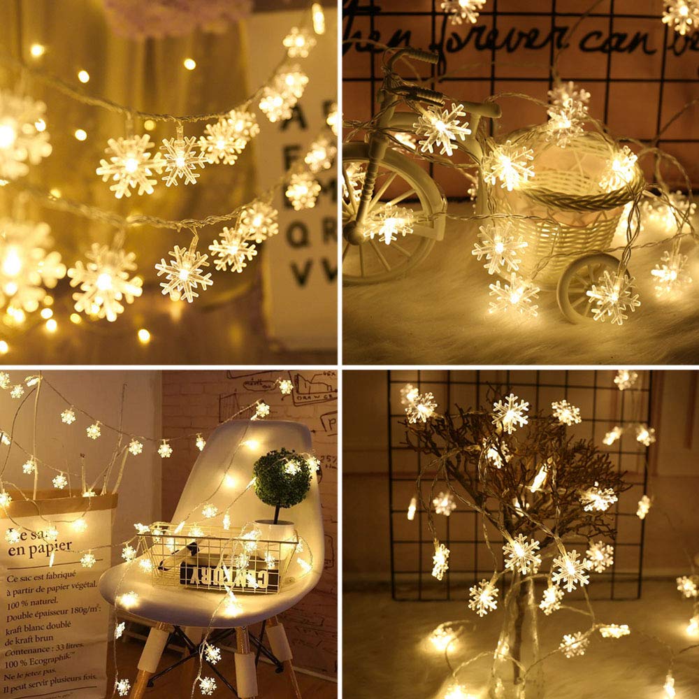 WesGen 20ft Snowflake String Lights - 40 LED Battery Operated Waterproof Fairy Lights for Christmas, Garden, Patio, Bedroom & Party Decor (Warm White) | Indoor & Outdoor Holiday Decoration