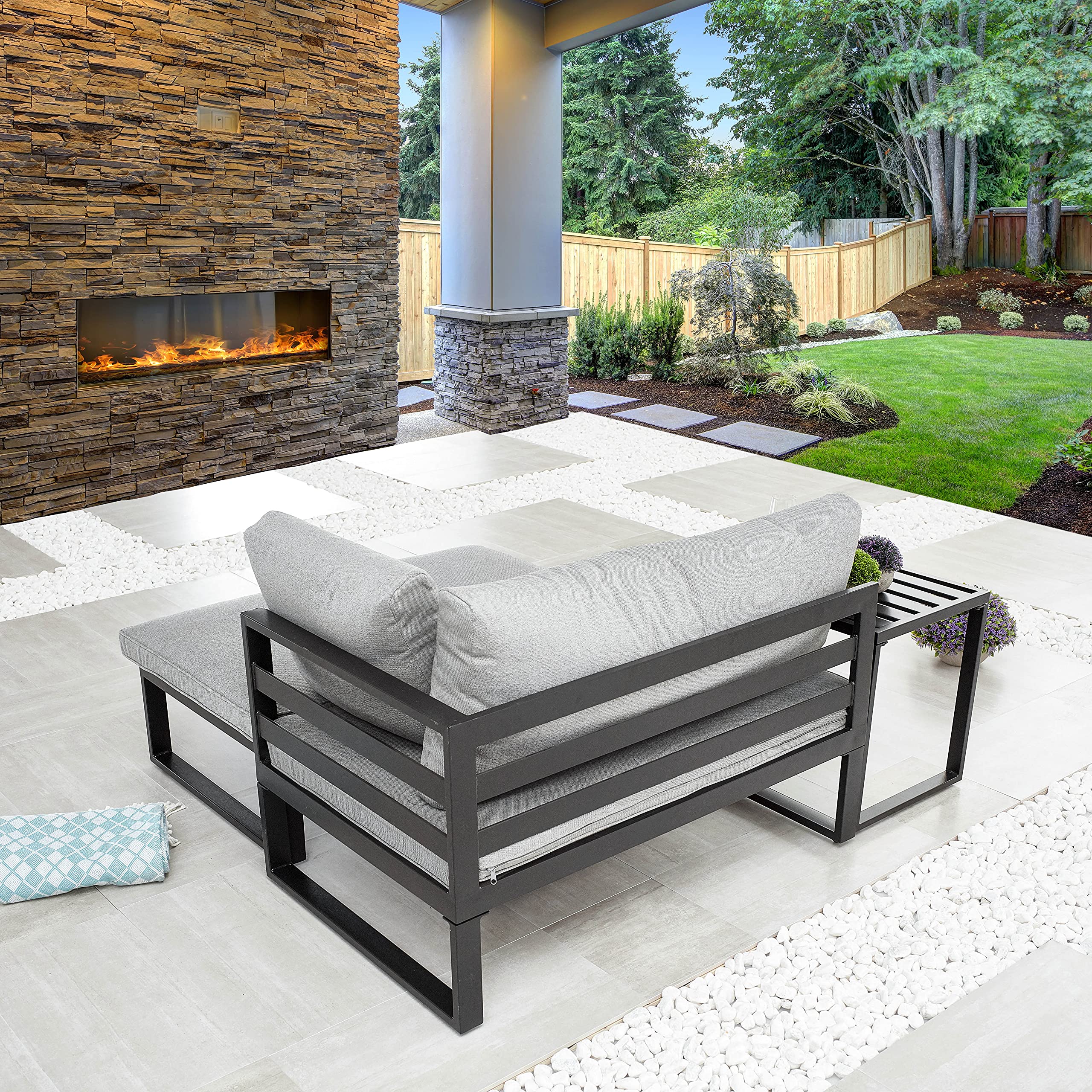 3-Piece Outdoor Sectional Patio Furniture Set - Grey Conversation Sofa with Ottoman & Coffee Table for Backyard, Porch, Balcony | Durable Wicker & Weather-Resistant Cushions | Perfect for Entertaining Guests or Relaxing Outdoors