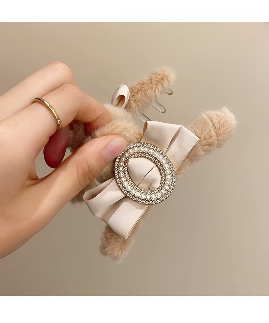 TLISMI Korean Plush Pearl Stone Hair Clip - Large Cute Bow Claw Barrettes for Women & Girls, Soft Faux Fur Strong Hold No Slip Hair Clutch (Blue) | Perfect for Parties, Weddings & Everyday Style