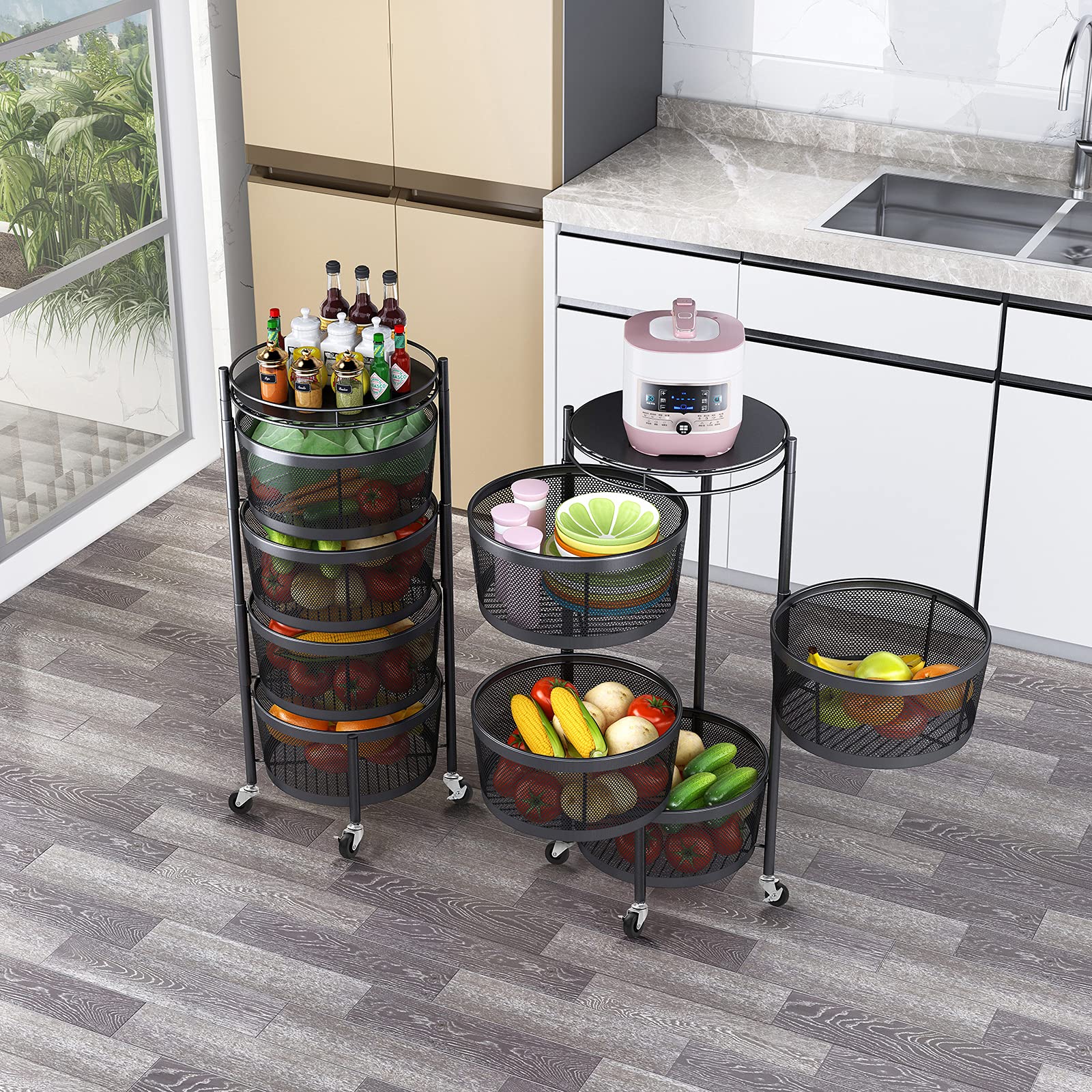 4-Tier Rotating Storage Rack - 360° Rotatable Metal Kitchen Organizer with Wheels for Fruits, Vegetables & Spices | Multi-Purpose Household Shelf Cart for Pantry, Bathroom & Living Room Organization | Space-Saving Storage Solution for Small Kitchens & Closets