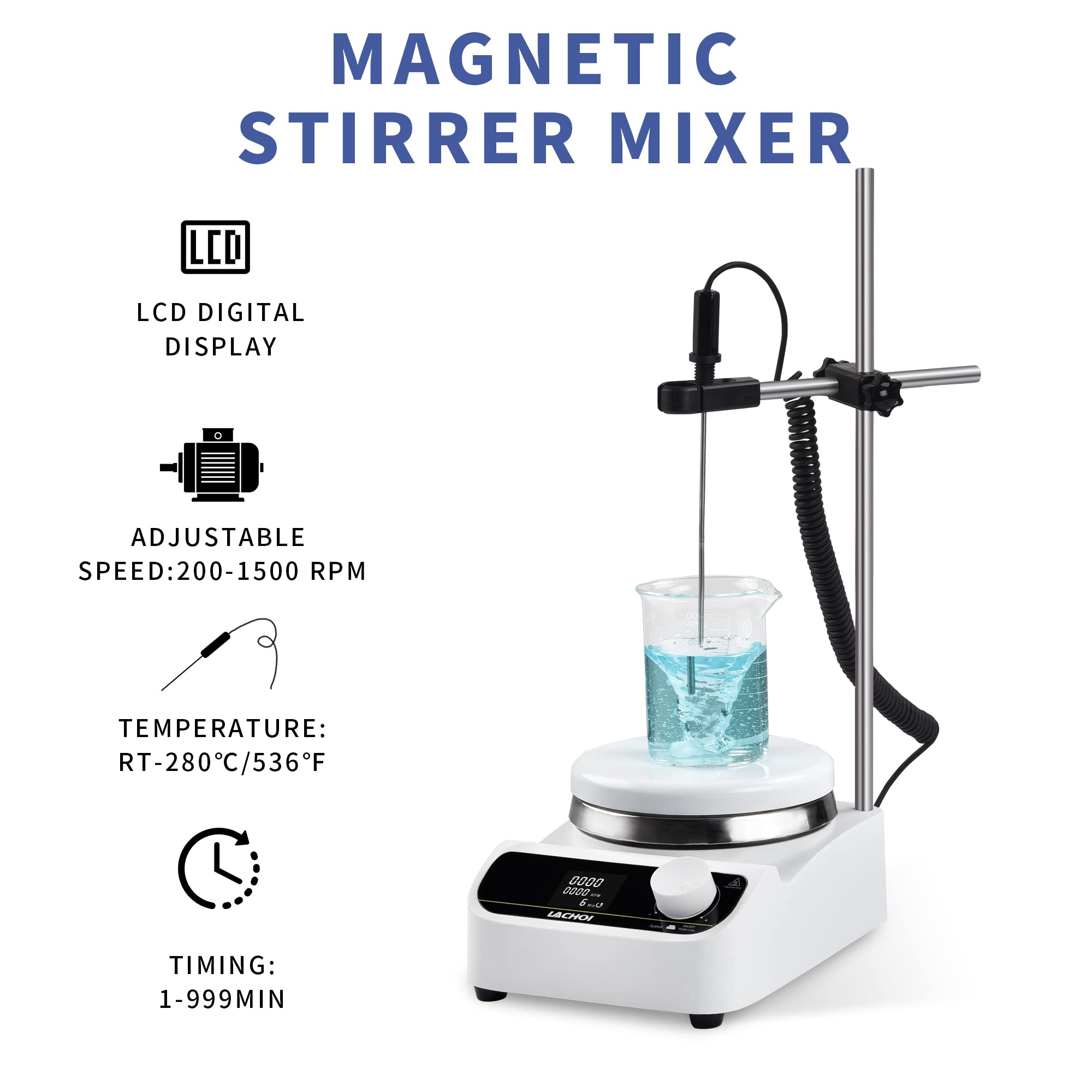 Magnetic Stirrer Hot Plate with LCD Display - 5.3 inch Stirring Surface, 200-1500 RPM, Max 280℃ Heating, 5000ml Capacity, 1-999min Timer, Temp Probe & Stir Bar Included - Perfect for Chemistry Labs, Scientific Research, and Industrial Mixing Applications