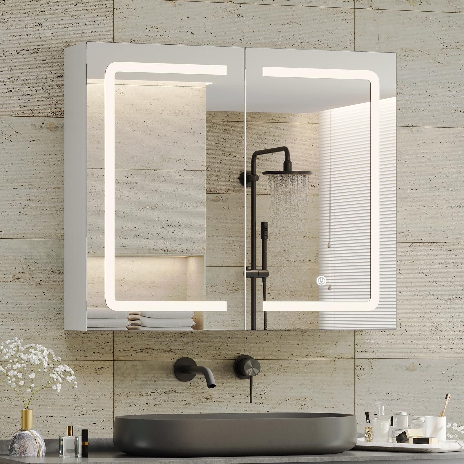 DICTAC 27.6x23.62 Inch LED Lighted Bathroom Medicine Cabinet with Mirror - Double Door Wall Mounted Storage Organizer with Adjustable Shelves, White - Perfect for Modern Bathrooms, Bedrooms & Vanity Areas