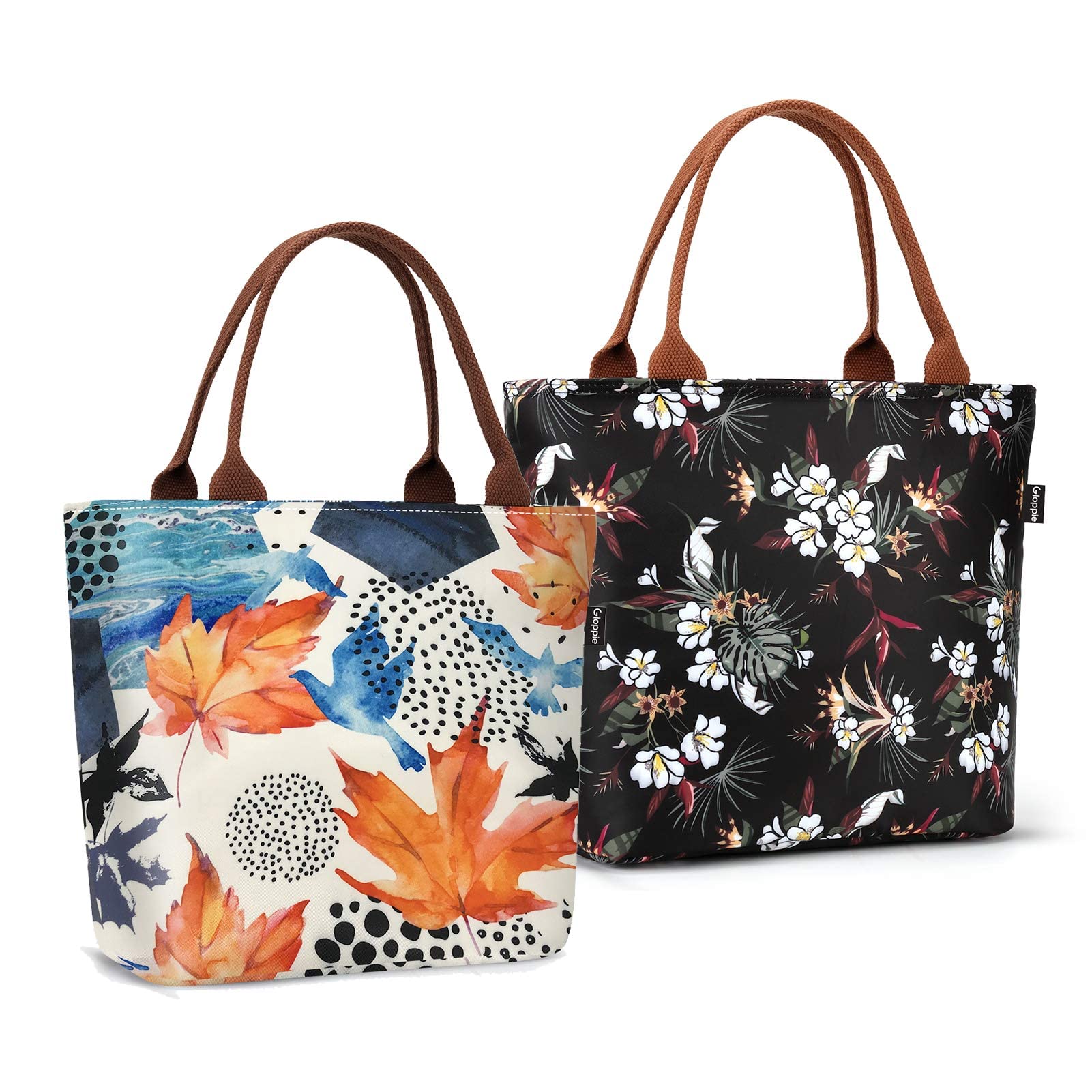 Gloppie Insulated Lunch Bags for Women - Leak Proof Cooler Tote Purse, Large 9L Food Container for Meal Prep, Work, Beach & Picnic - White Floral Design with Maple Leaf Pattern | Perfect for Office, School, Travel & Outdoor Activities
