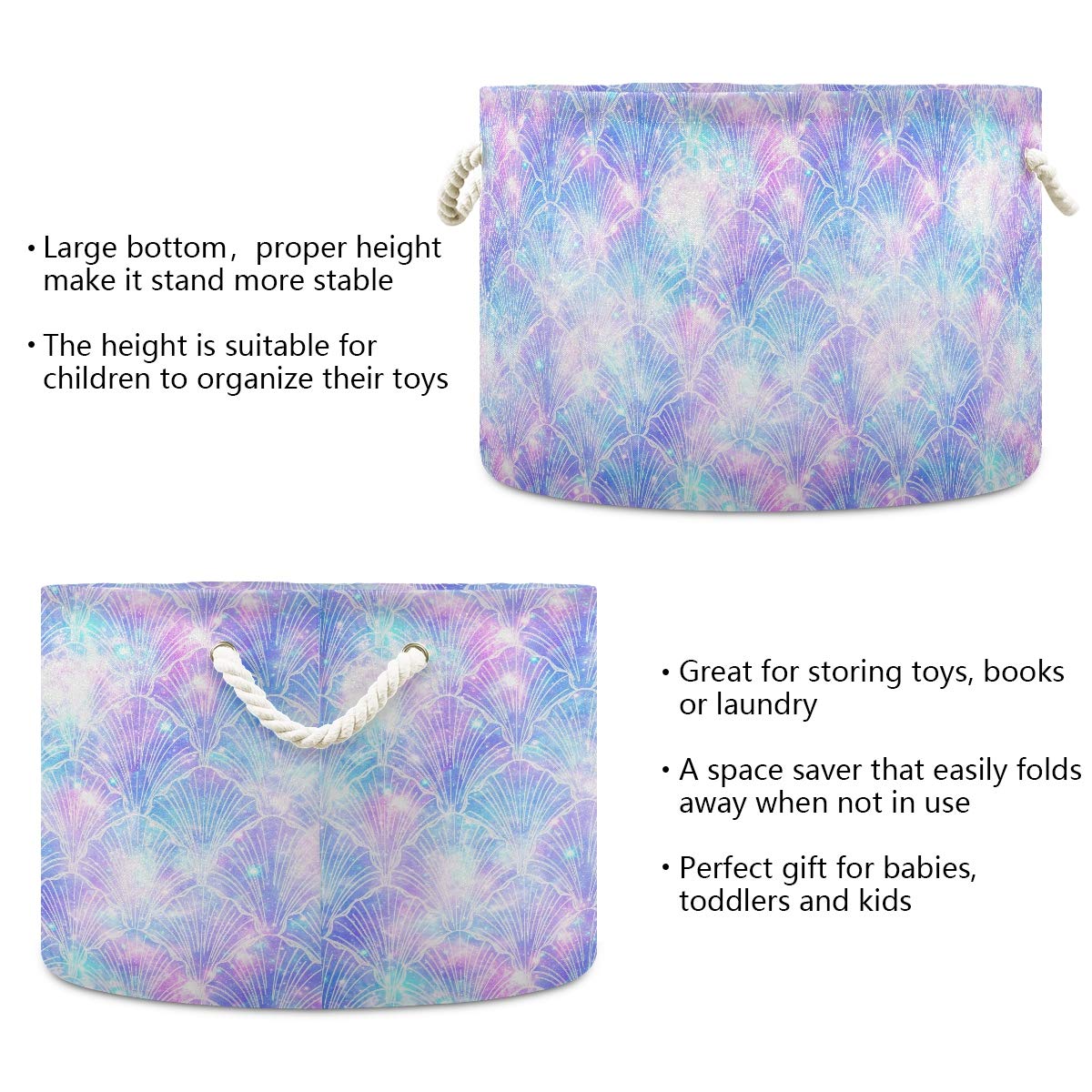 ALAZA Collapsible Storage Basket with Mermaid Galaxy Print - Round Laundry Hamper & Organizer for Kids Nursery, Clothes, Toys, Books - Home Decor Basket with Handles (Perfect for Bedroom, Playroom & Closet Organization)